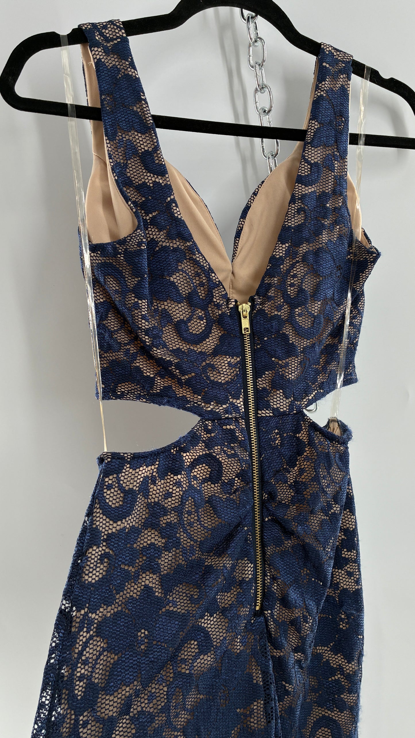 EMERALD SUNDAE Navy Blue Lace Cut Out Mini Dress with Built in Bra (Small)