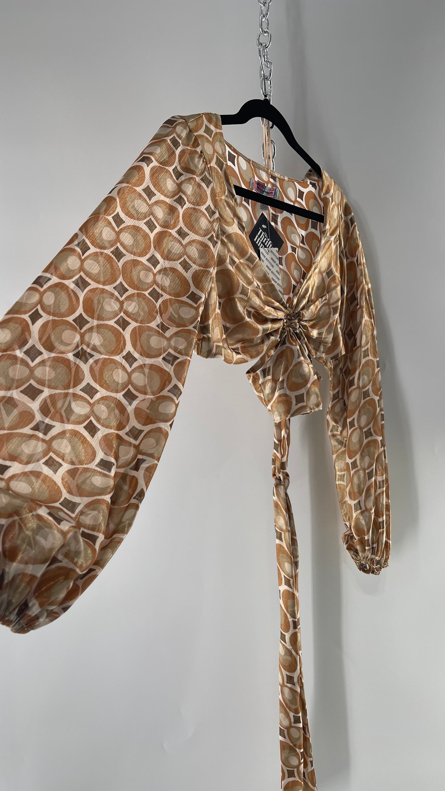 Urban Outfitters Shimmer Top Balloon Sleeve Gold Retro Print Cut Out Tie Around Blouse (Medium)