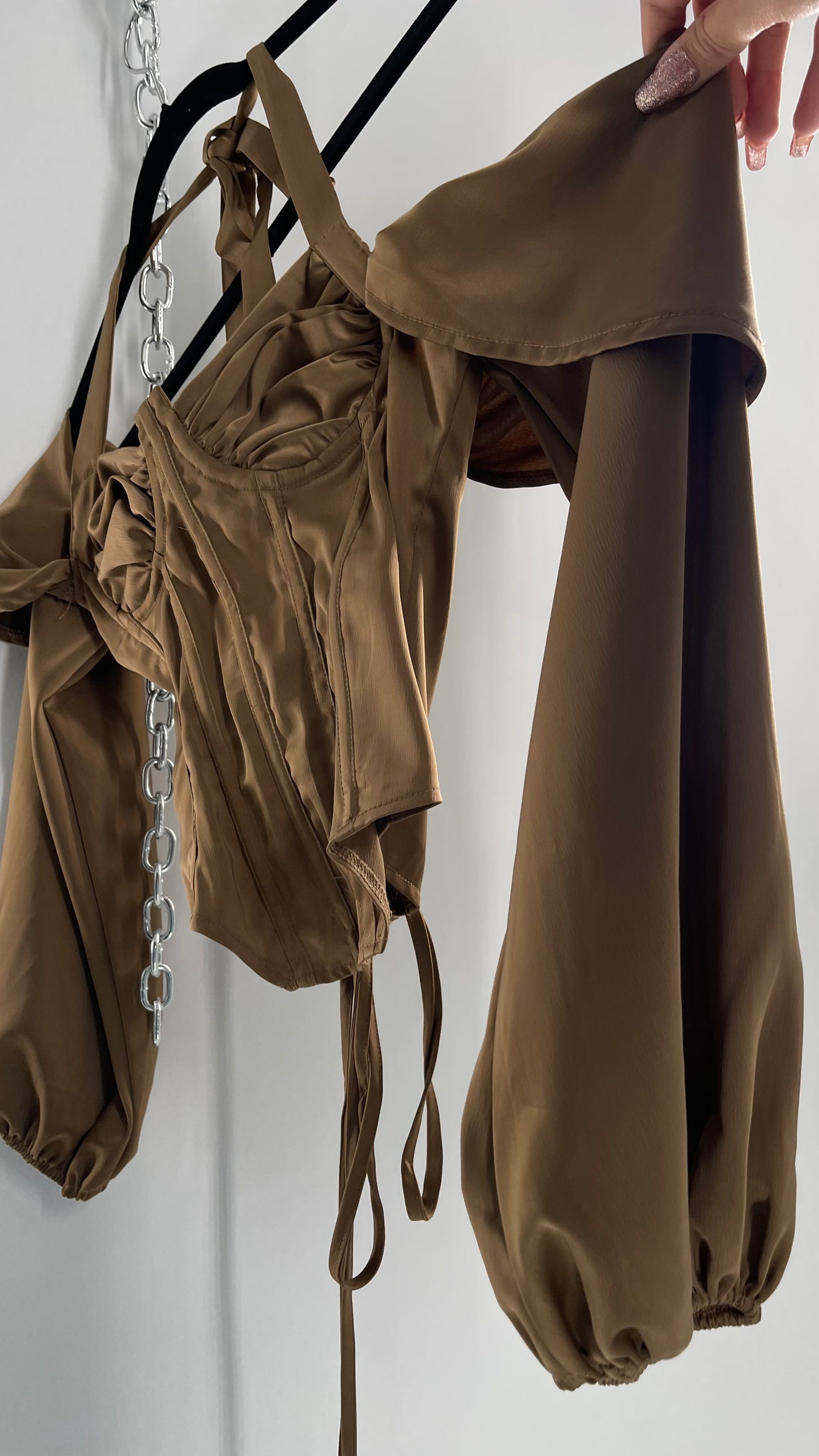 Pretty Little Thing Tan/Gold Corset Blouse with Draped Shoulders, Balloon Sleeves, Halter Strap and Lace Up Back (4)
