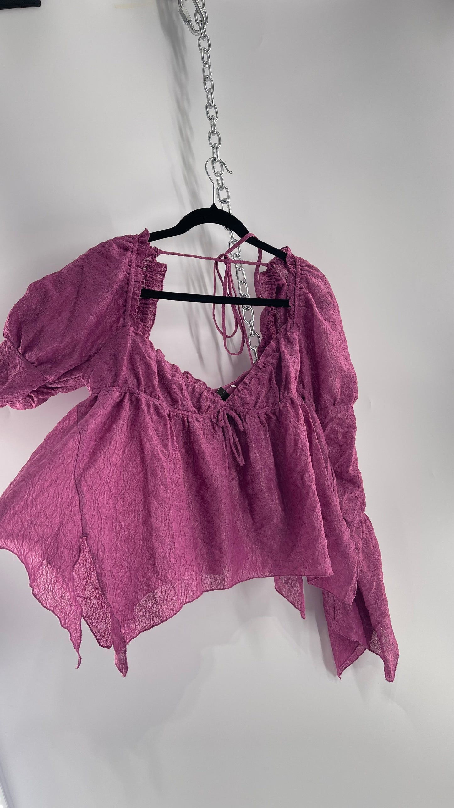 Urban Outfitters Purple Lace Blouse with Handkerchief Slit Hem, Princess Fairy Sleeves, Ruffle Trim Bust and Low Back (Large)