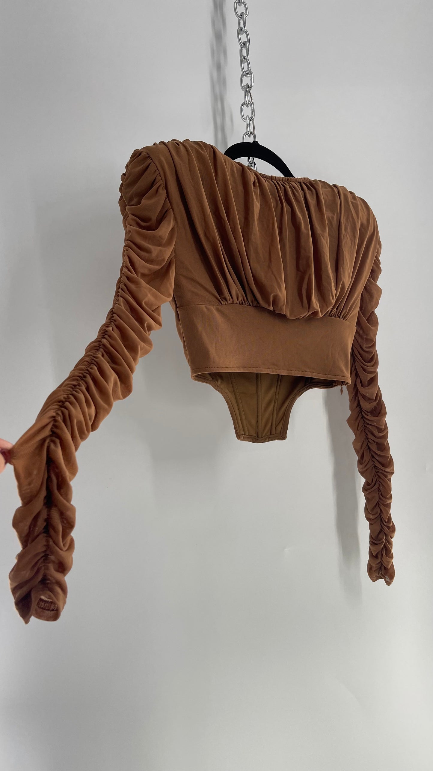PRETTY LITTLE THING Brown Ruched Sleeve, Draped Bust, Corset Top (XS)