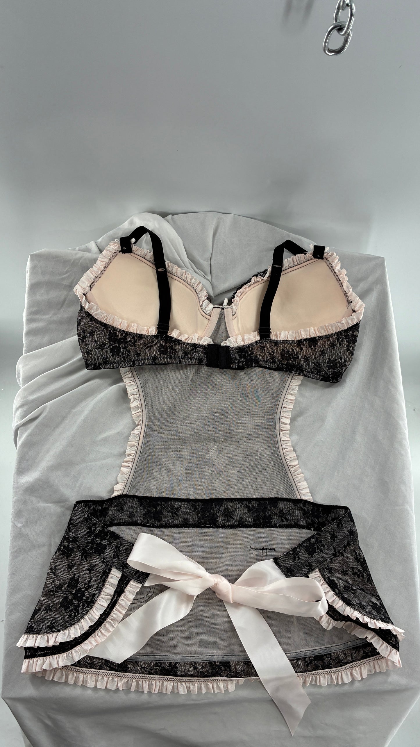 Victoria’s Secret Black Lace Apron Style Camisole Lingerie with Bow Back Ribbon (36D)