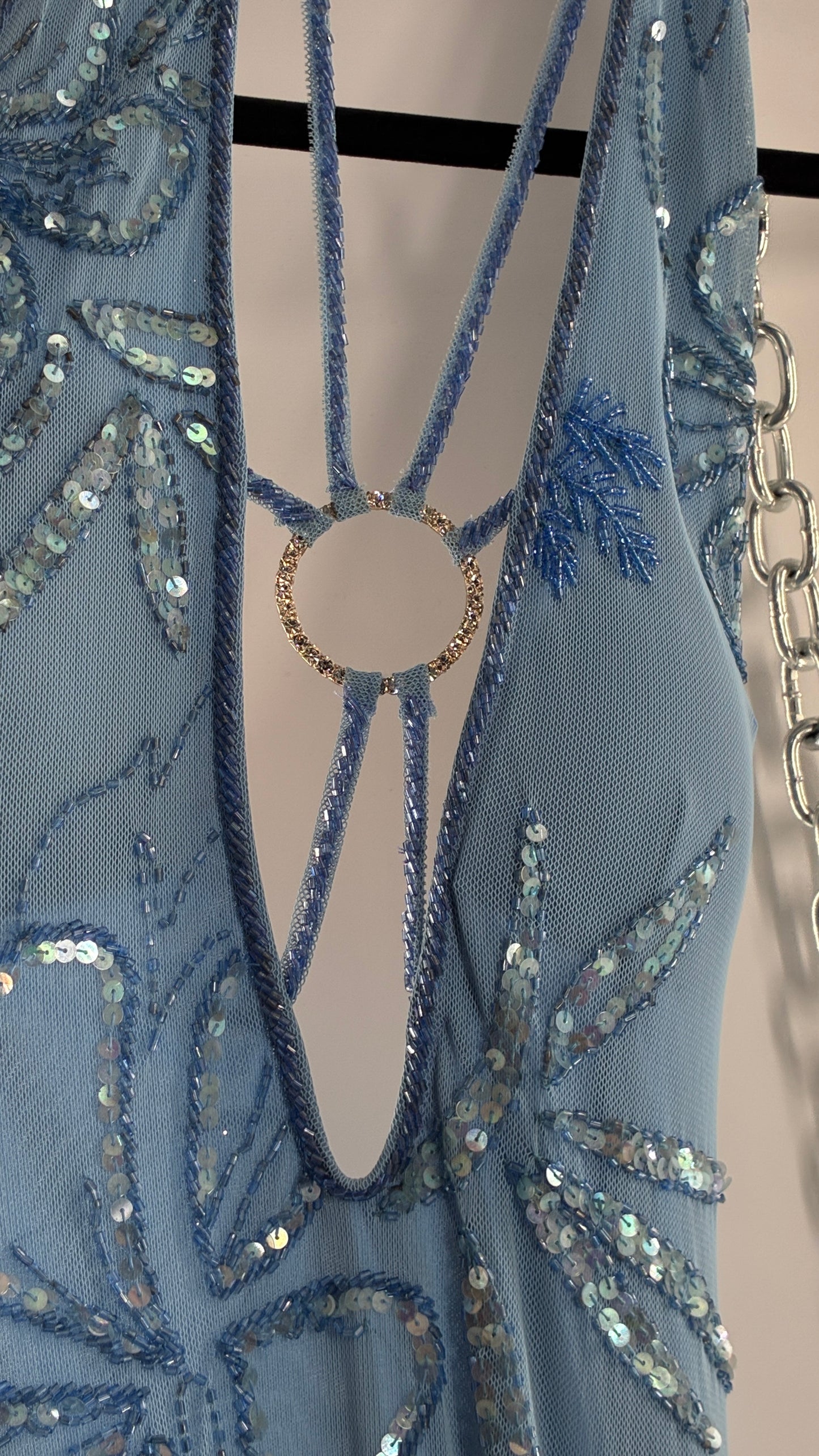 Vintage 1990s Powder Blue Gown Covered in Beaded Appliqué Tropical Designs with Strappy Bust and Low, Open Back (S/M, stretchy no size marked)