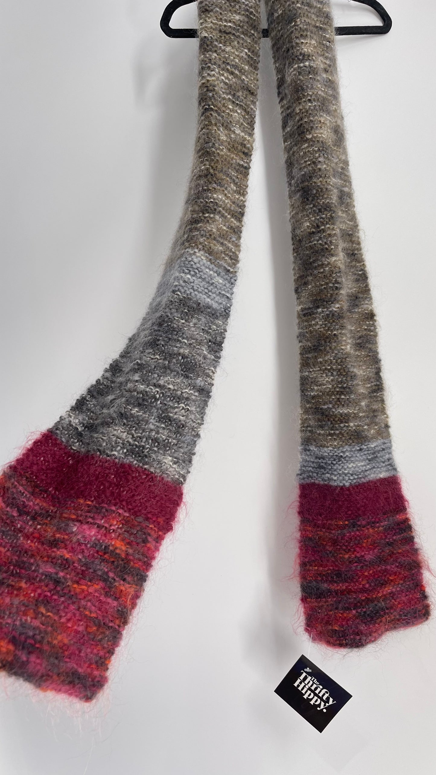 Vintage Hand Knit Grey Fuchsia Skinny Scarf