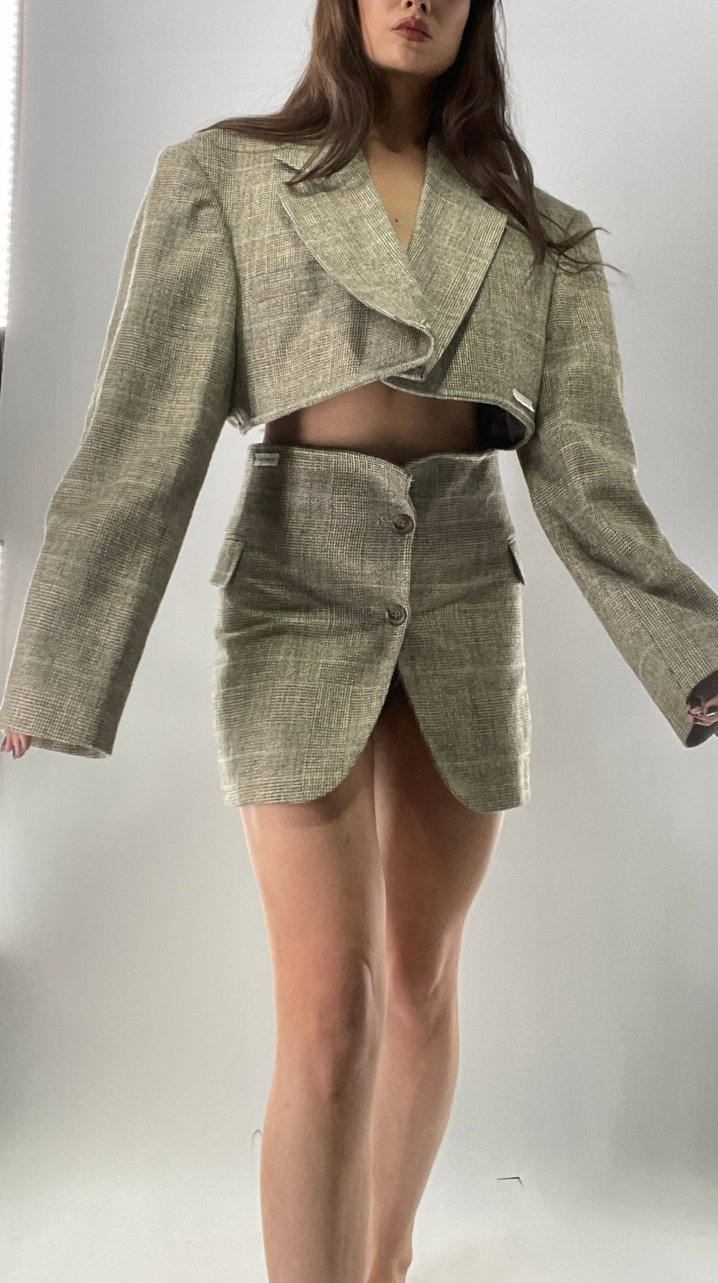 Vintage HAGGAR Handmade Upcycled Suit Set: 70% Wool Grey Blazer and Mini Skirt