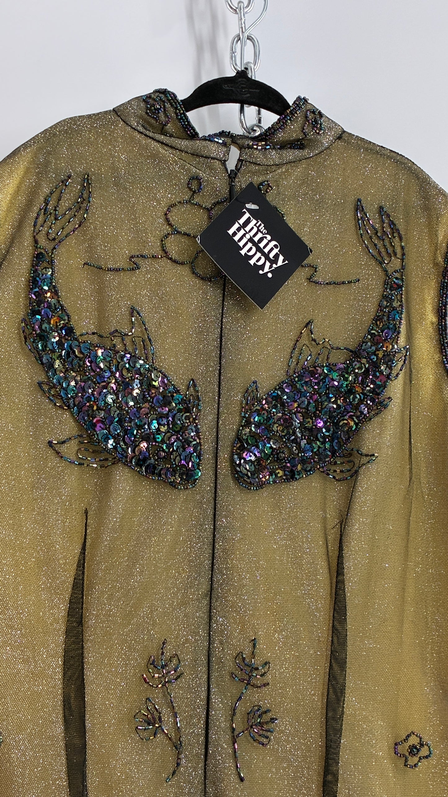Vintage 1990s One of a Kind Handmade, Green Gown with Beaded Koi Fish, Metallic Tulle Overlay, and Symmetric Back (Medium)