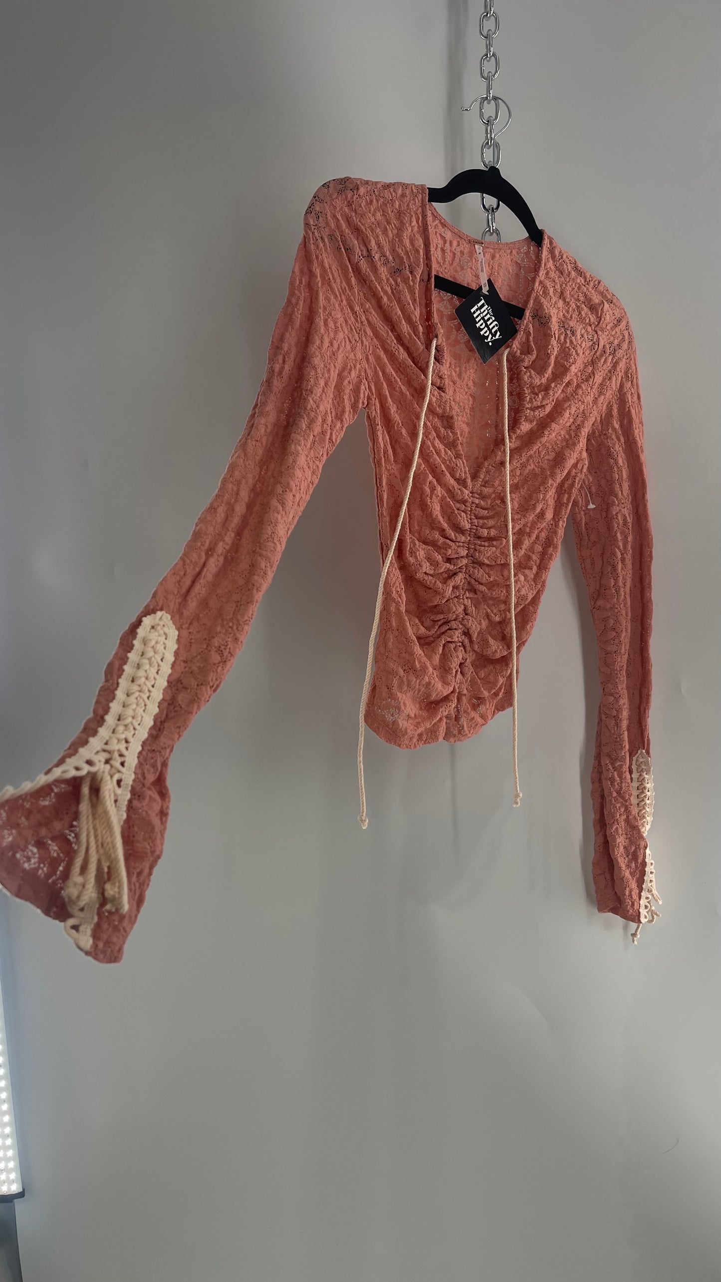 Free People Pink Lace Long Sleeve with Beige Lace Up Sleeve Detail (XS)
