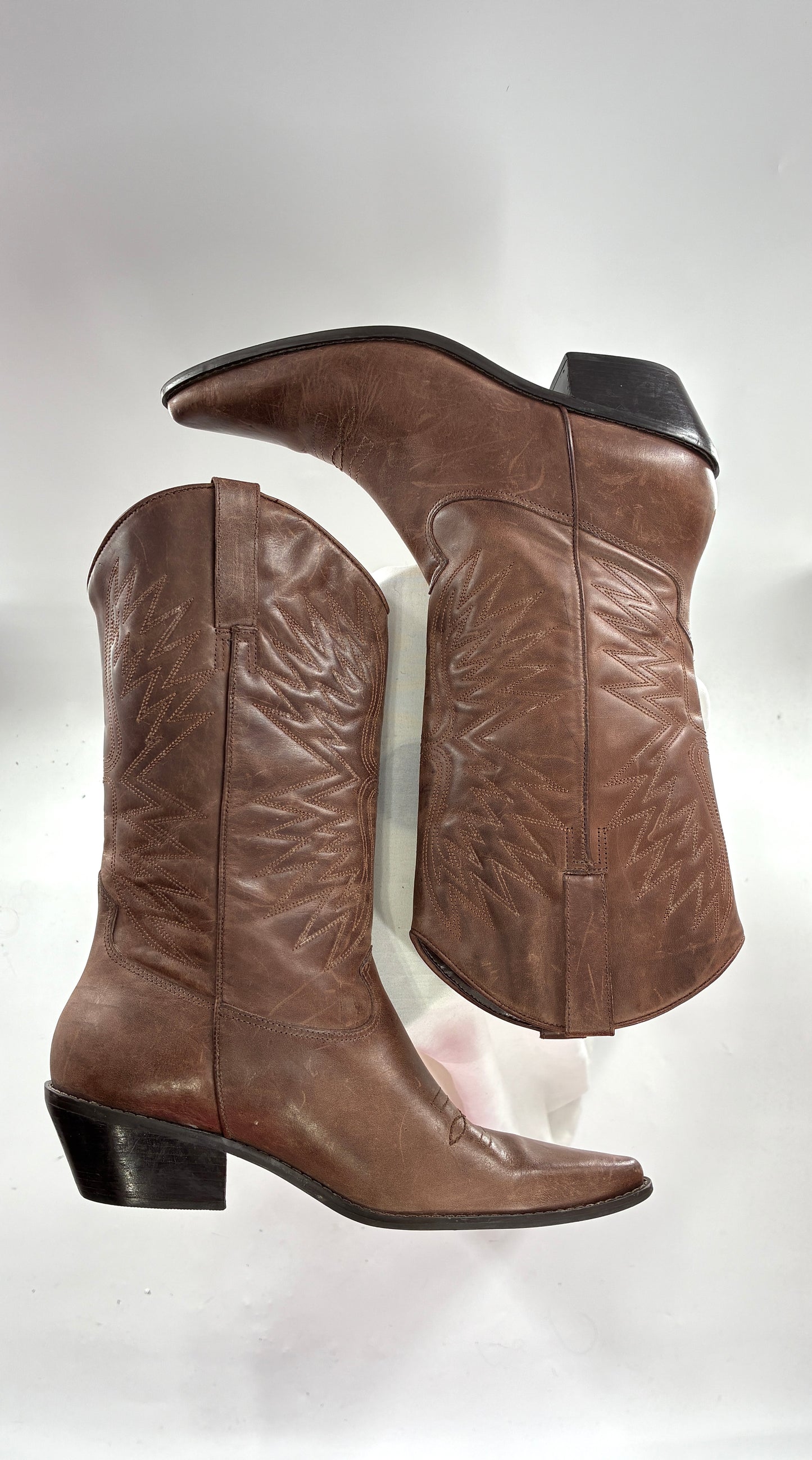 Vintage Genuine Leather Brown Cowboy Boots Made in Brazil (9.5)