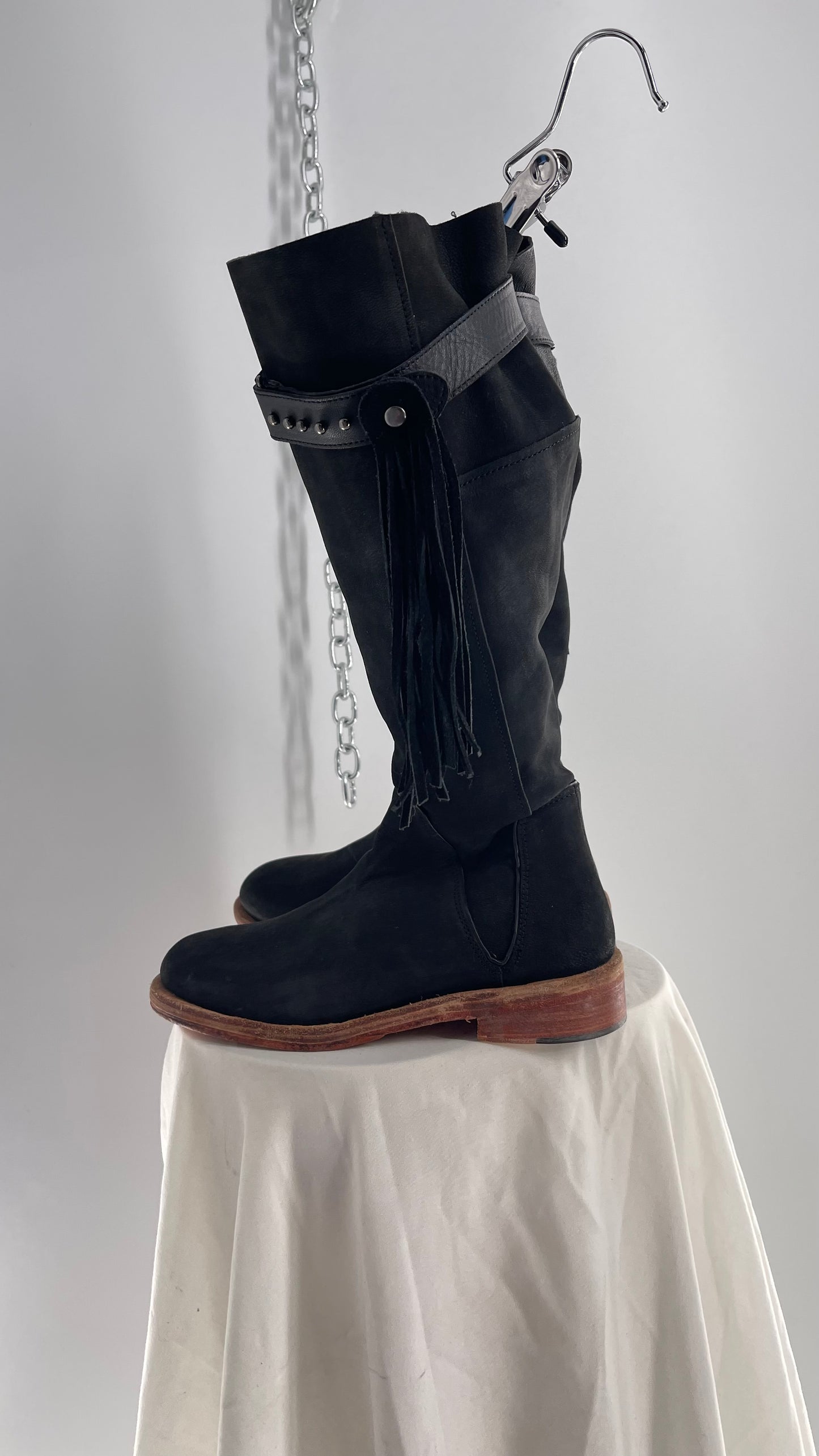 Free People Sayre Banks Slouchy Black Suede Leather Knee High Tassel Side Buckle Boot (38)