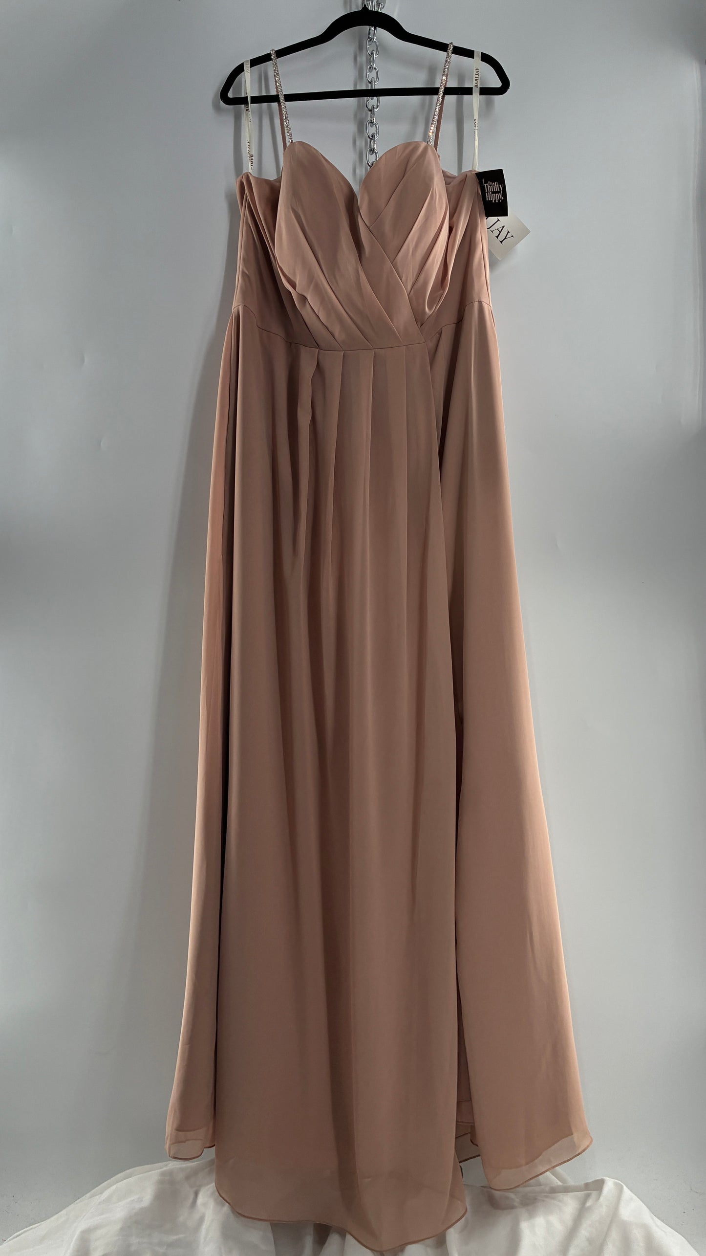 Vintage BARI JAY Nude/Blush Pink Full Length Dress with Embellished Straps and Side Slit Detail (16W)
