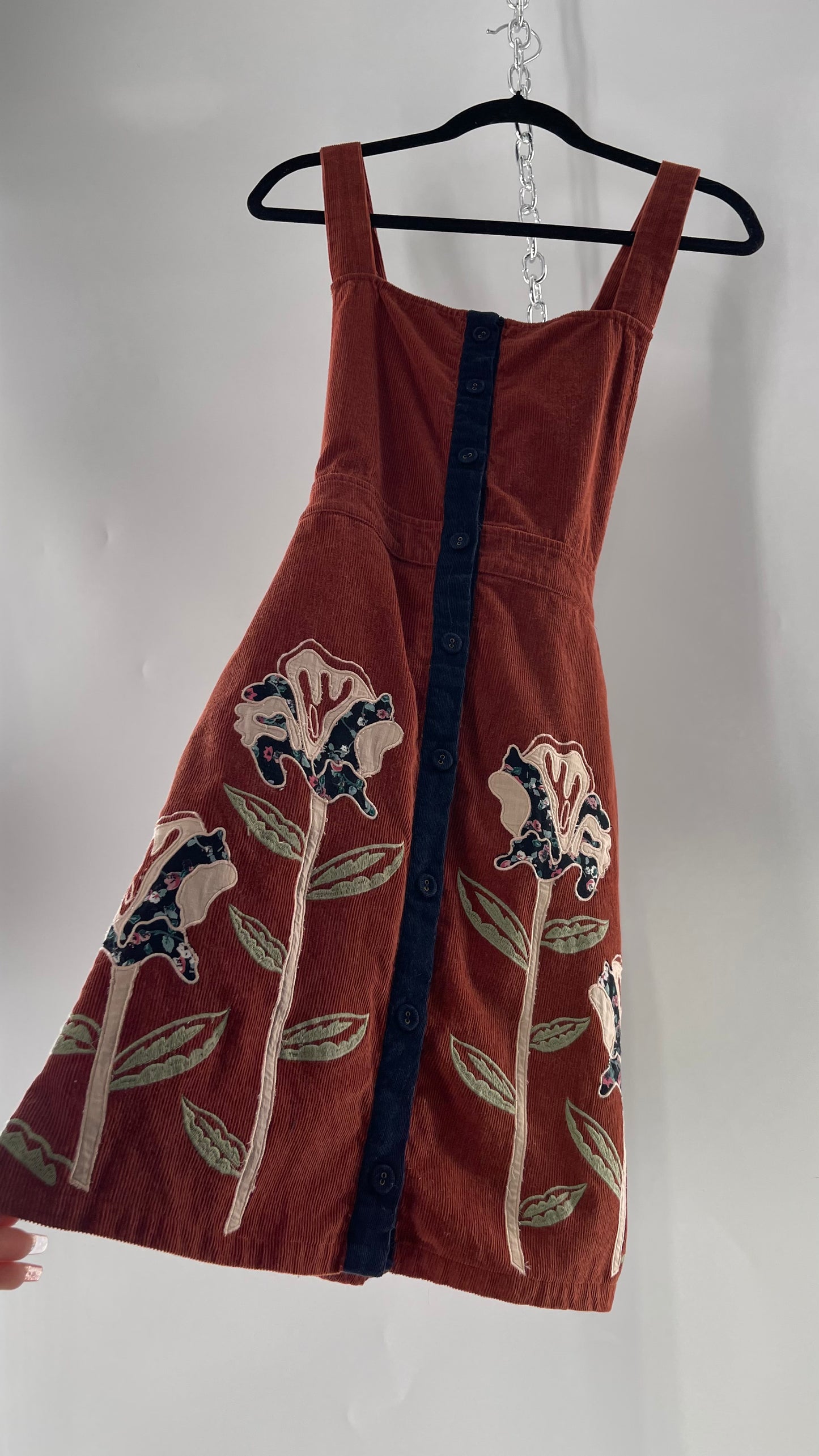 Seen. Worn. Kept. Anthropologie Terracotta Burnt Orange Corduroy Overall Dress with Embroidered Flower Details (S)