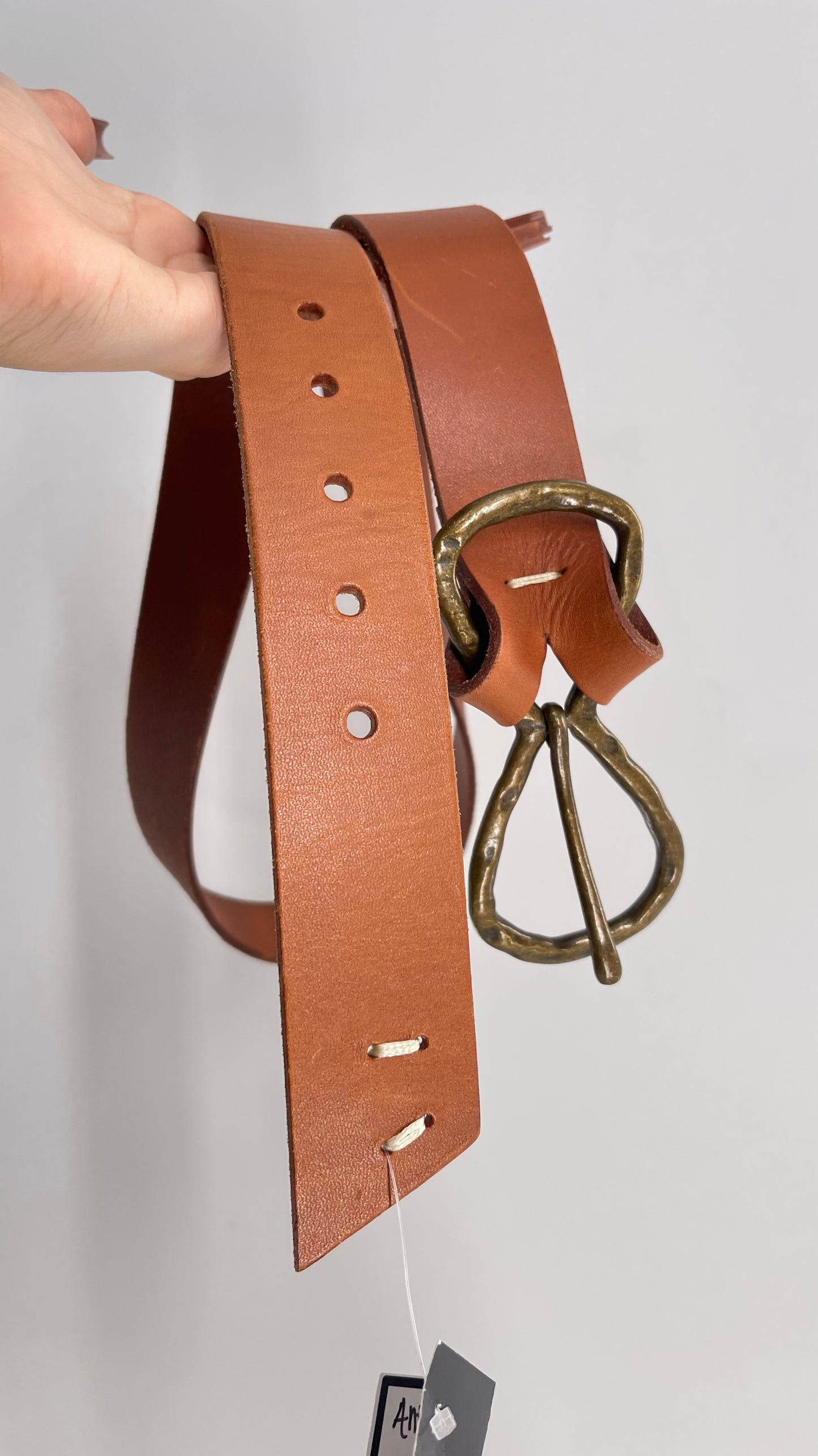 Anthropologie Cognac Leather Belt with Infinity Style Bronze Buckle (M/L)