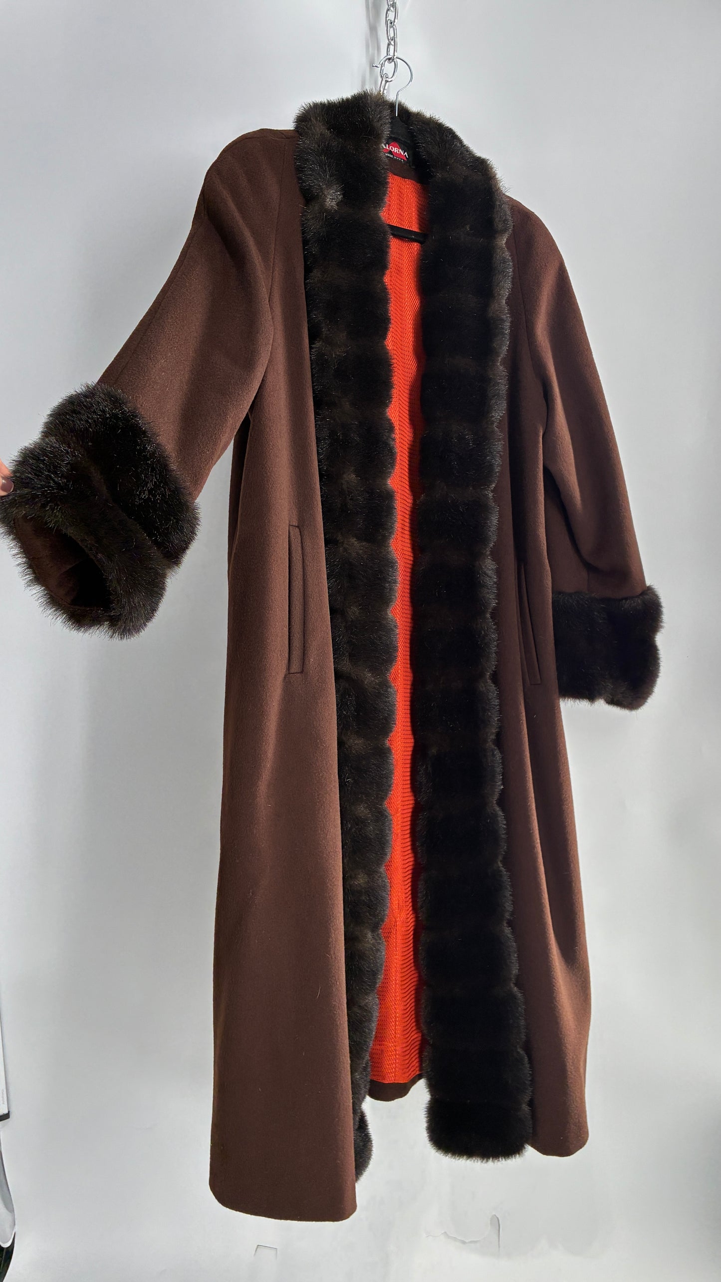 Vintage ALORNA Brown 75% Wool Duster, Full Length Coat with Vegan Fur Pom Pom Trim (12)