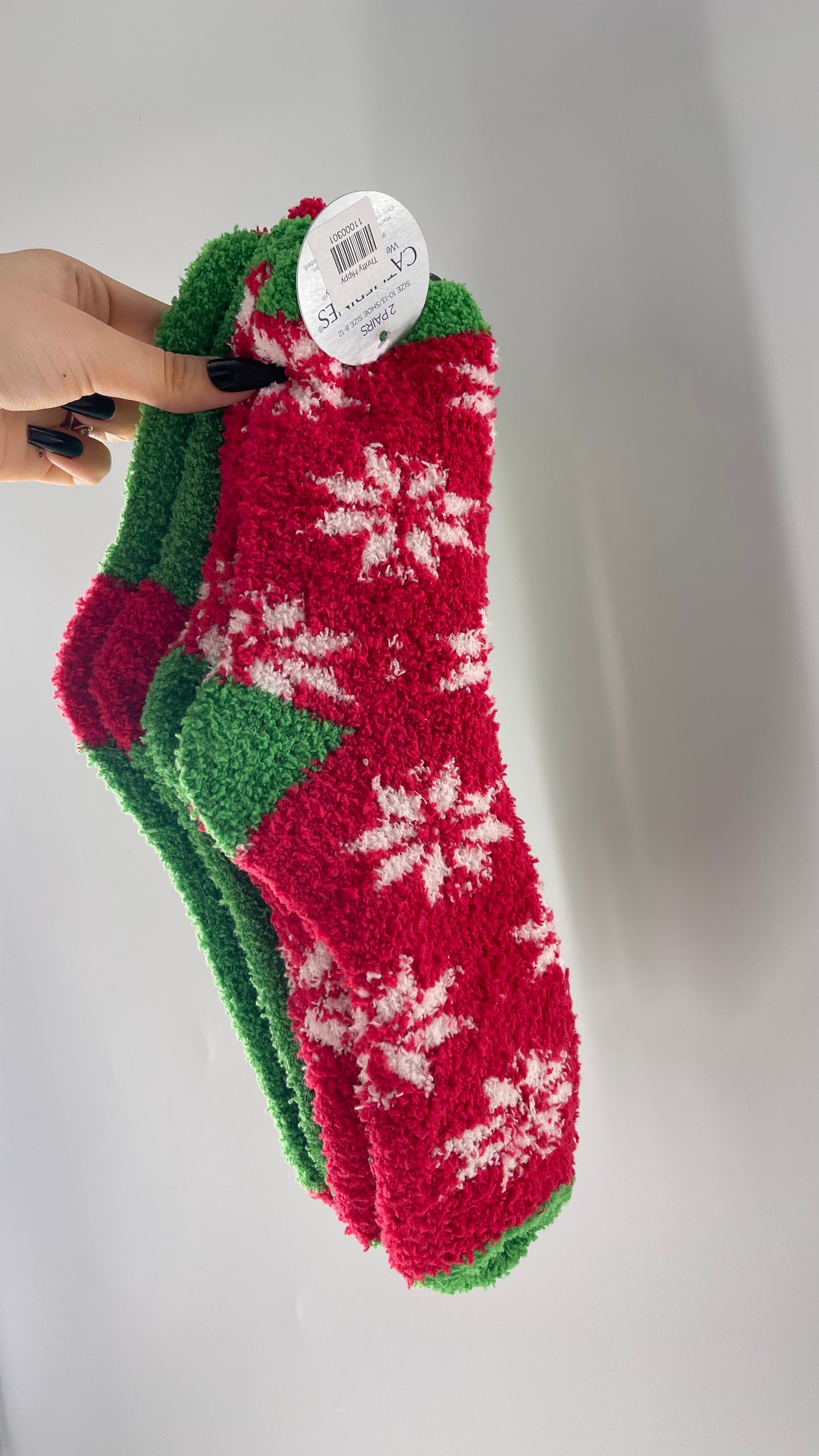 Festive Fuzzy Christmas Color Block Red Green Socks (Sz 8-12)