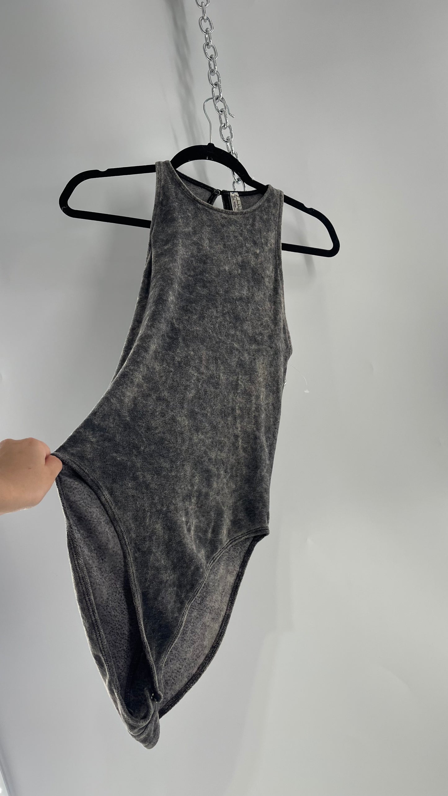 Free People Charcoal Acid Wash Velour Terry Cloth Bodysuit (Small)
