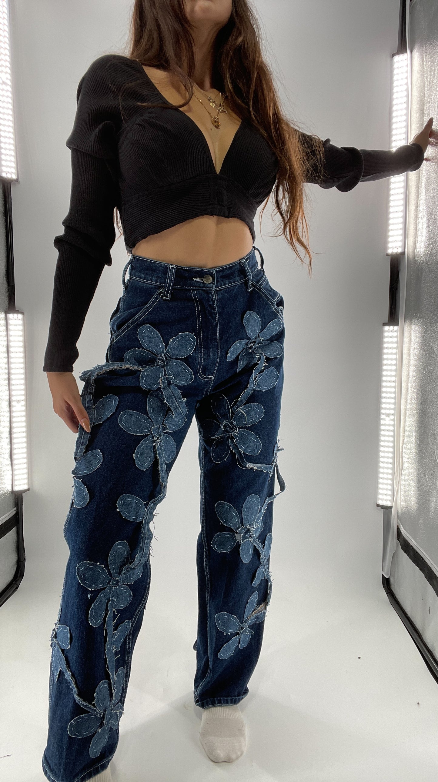 Handmade CUSTOM Dual Denim Tone Floral Vine Cargo Denims (S)
