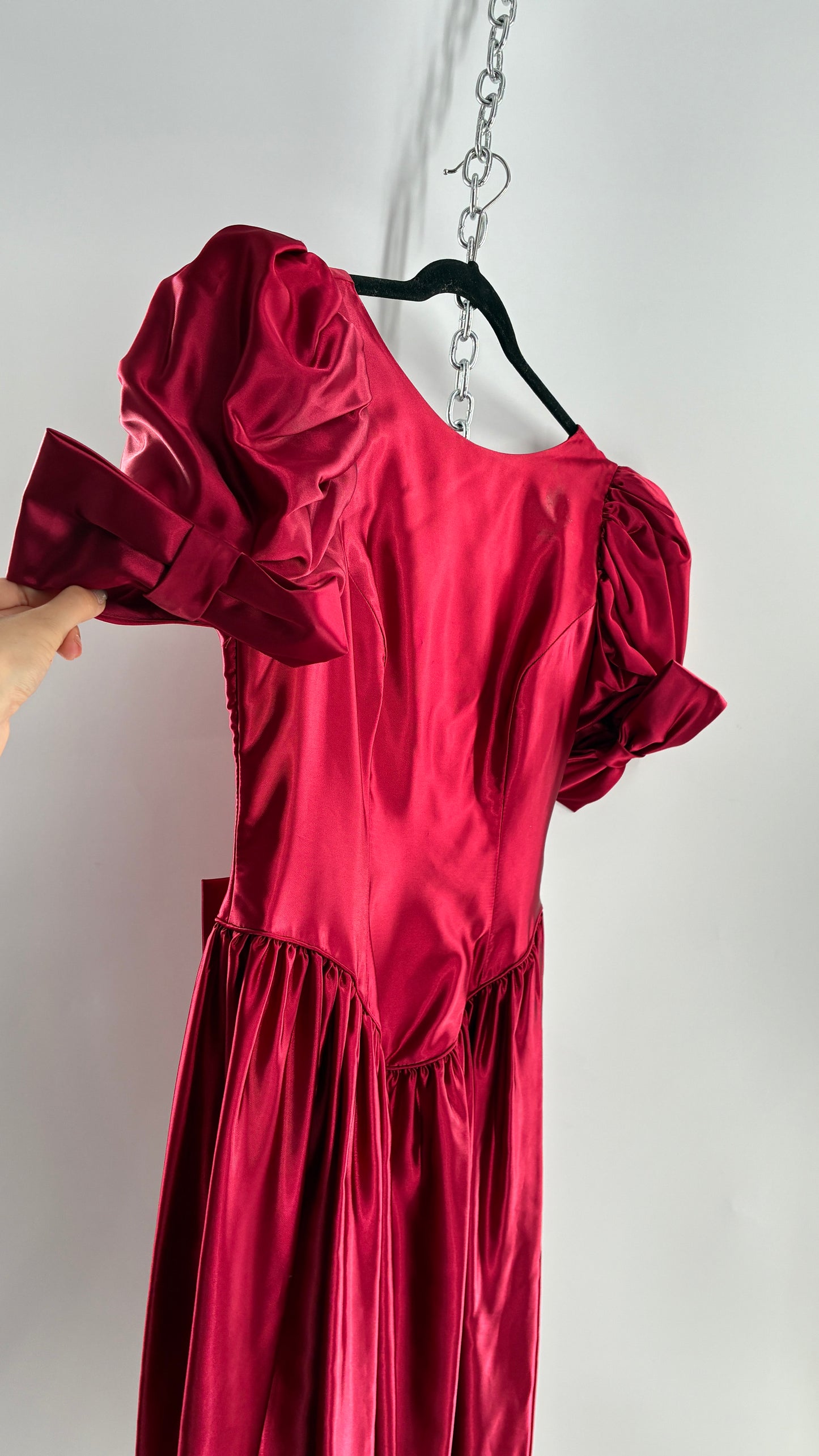 Vintage Red Silky Satin Corset Style Dress with Sweetheart Neckline, Puff Sleeves, Oversized Bow Bum, Open Back and Draping Pearls (10P)