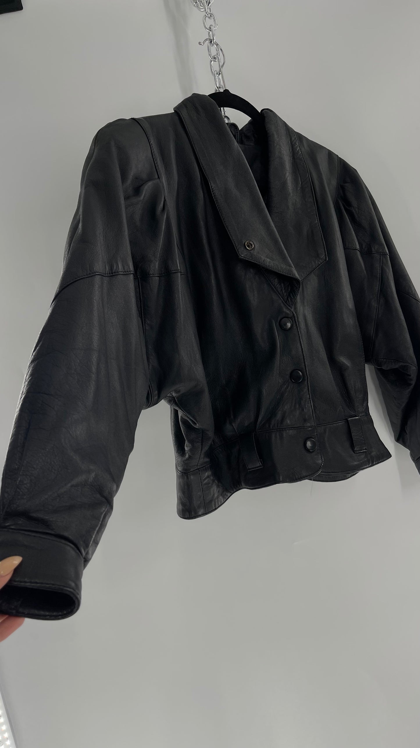 Vintage Black Leather Cropped Motorcycle Jacket (Medium)