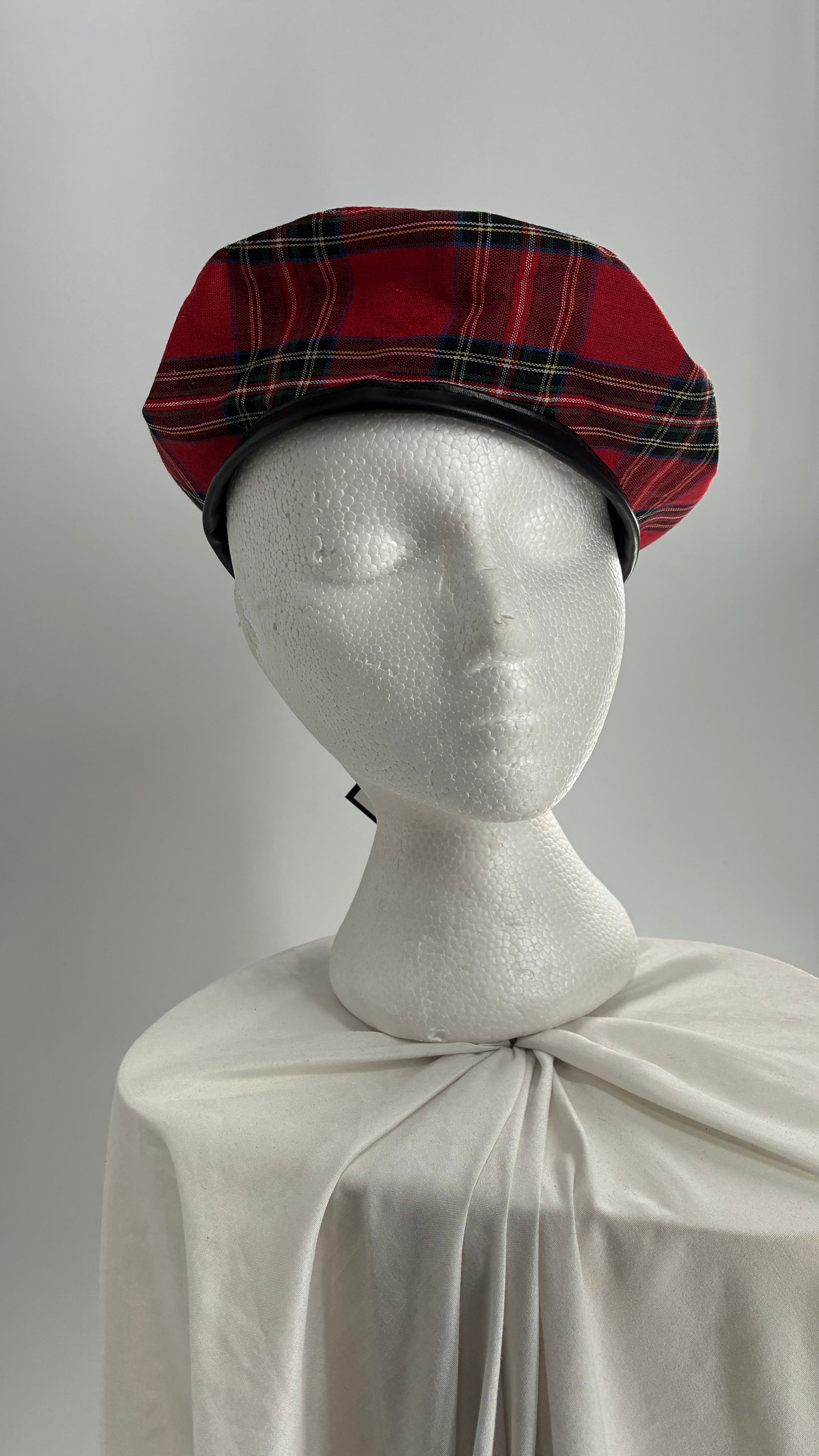 Red Plaid Beret with Vegan Leather Strap with Silver Metal Hardware