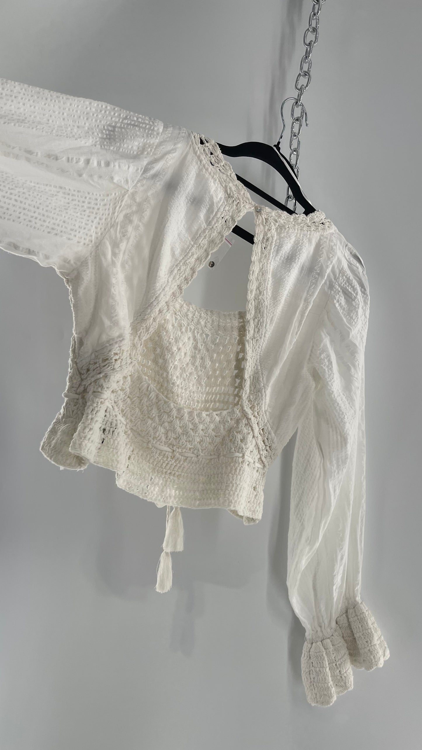 Free People White Megan Blouse with Crochet Knit Bodice and Open Back (XS)