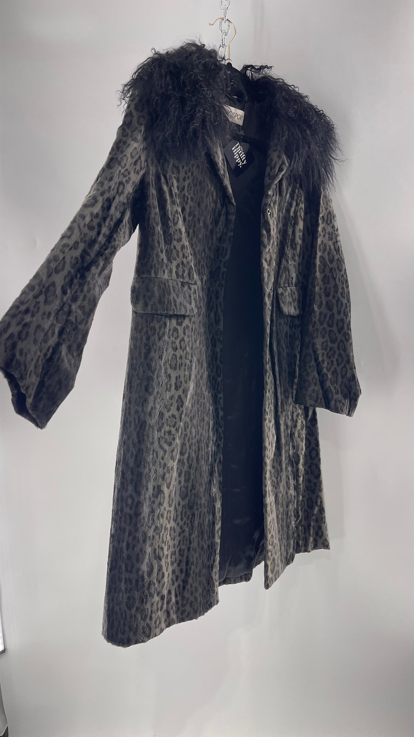 Vintage Romanian RAMOSTEPH Black/Gray Leopard Print Coat with Mongolian Fur Collar (Medium)