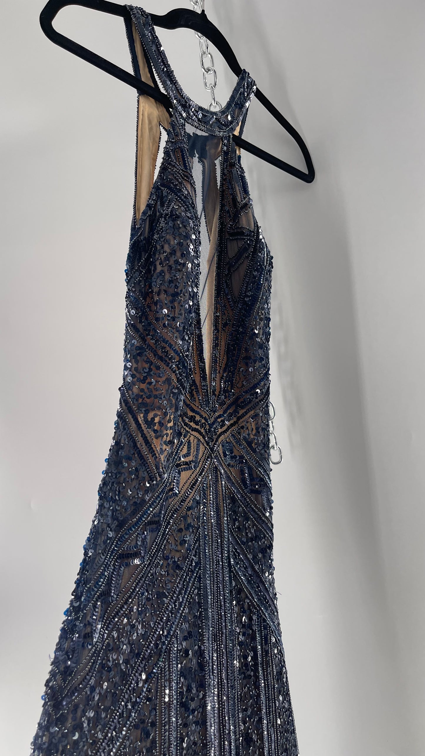 Vintage SCALA Navy Blue Beaded Floor Length Gown with Plunging Neckline, Backless Detail, and Tan Underlay (C)(4)