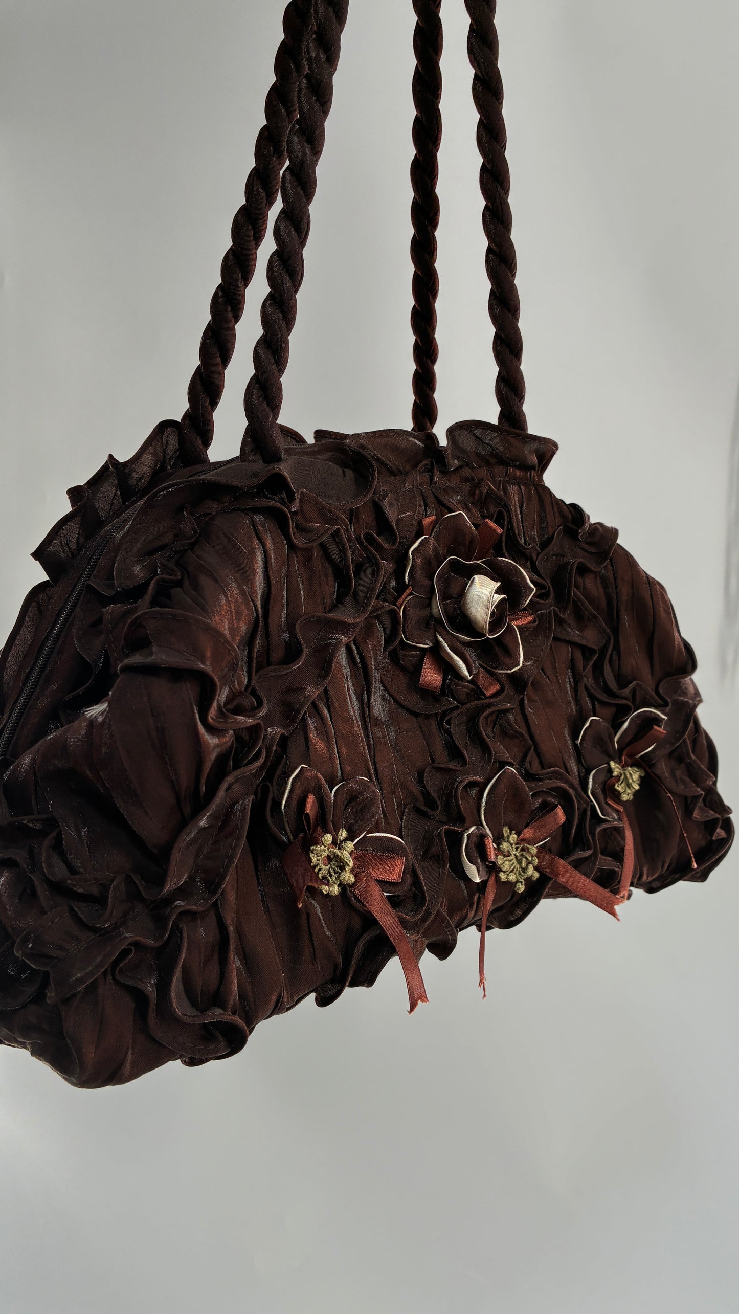 Vintage Oversized Brown Slouchy Purse with Embroidered Rosettes and Braided Strap