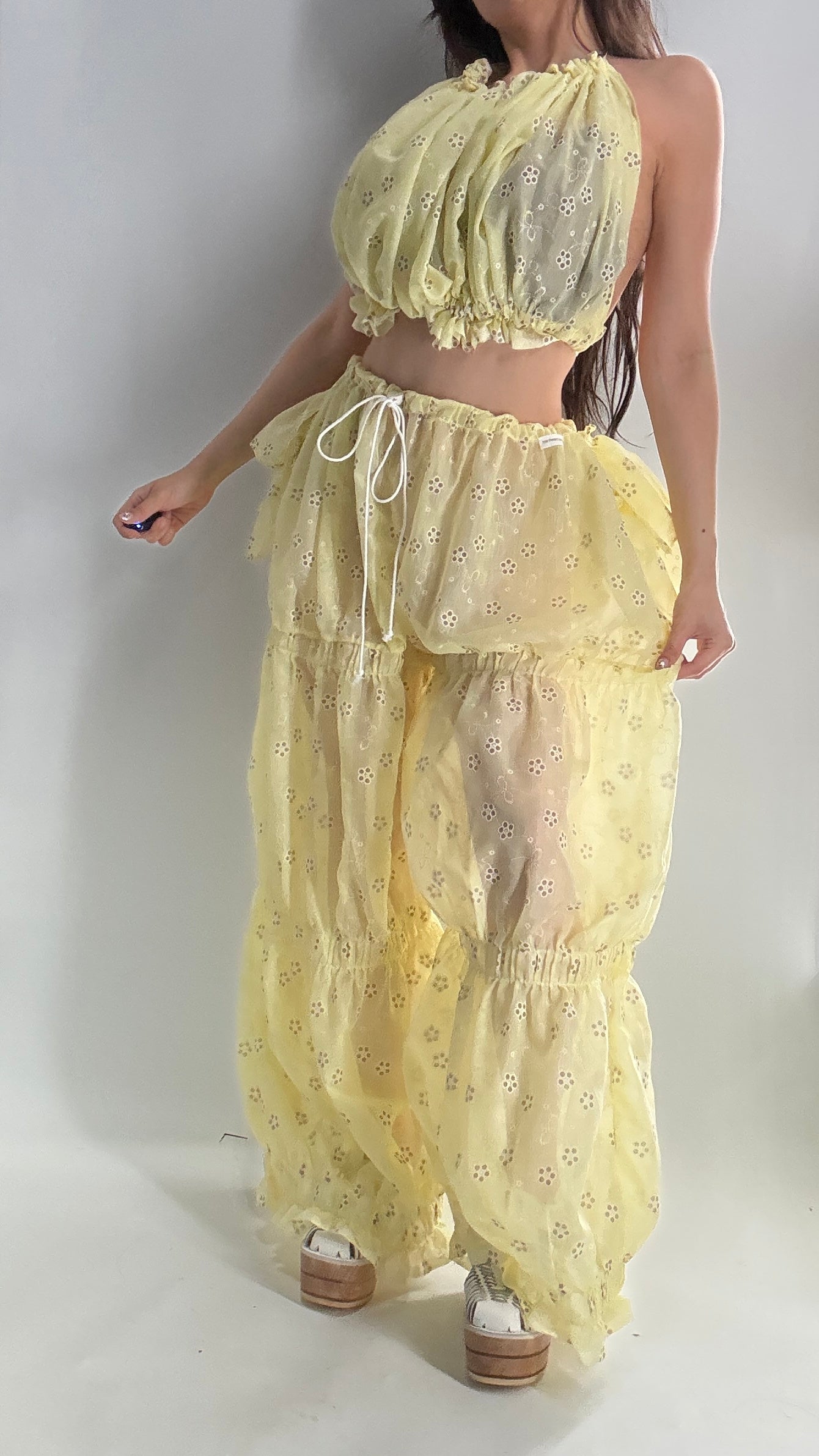 Vintage Handmade 2pc Baby Yellow Set with Tiered Pants, Ruffled Bum, and Floral Eyelet Pattern (XS-M)