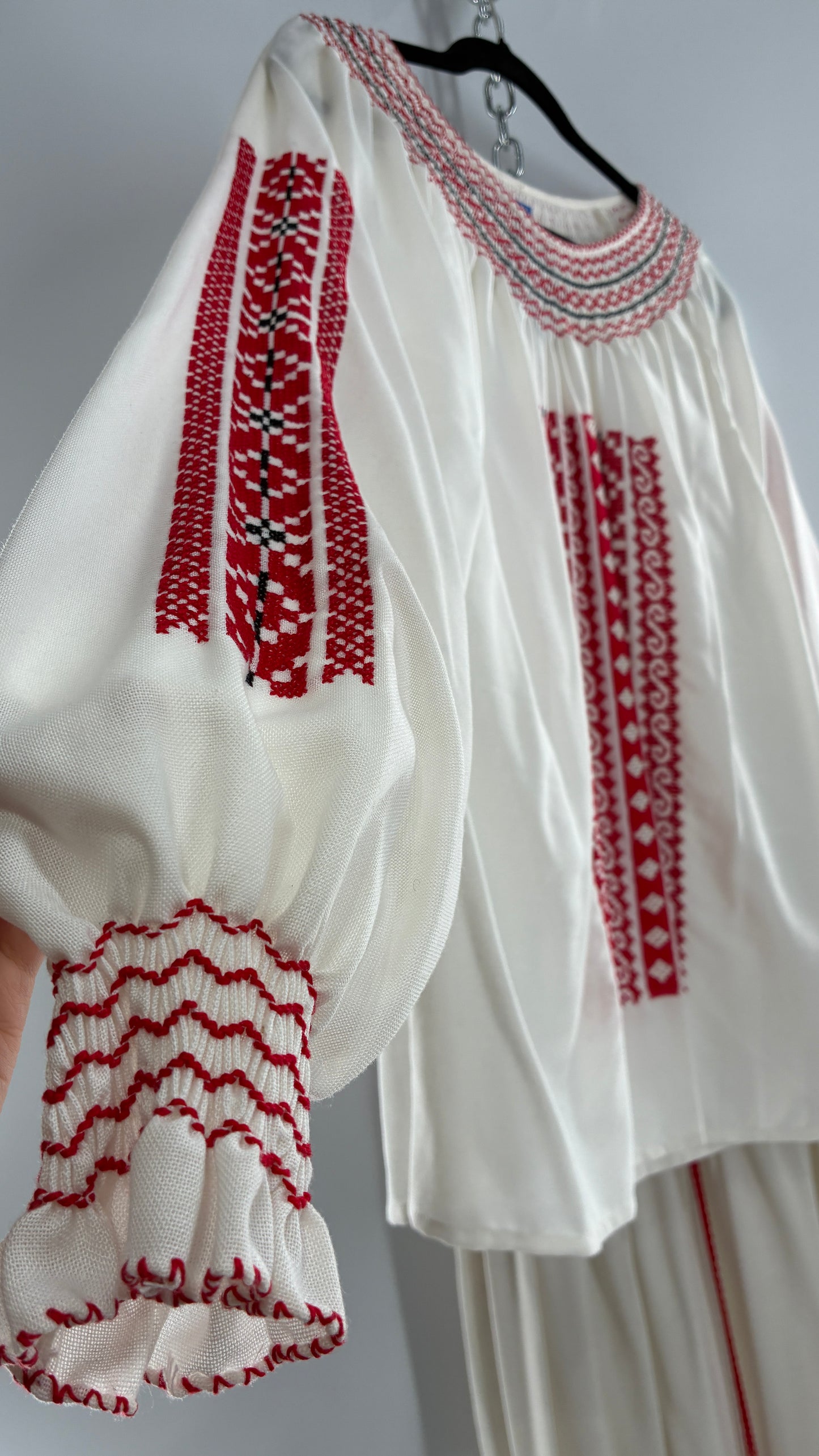Vintage 1970s LUX FOLKLOR Budapest Handmade Cotton Long Sleeve and Skirt Covered in Red Embroidery and Stitching