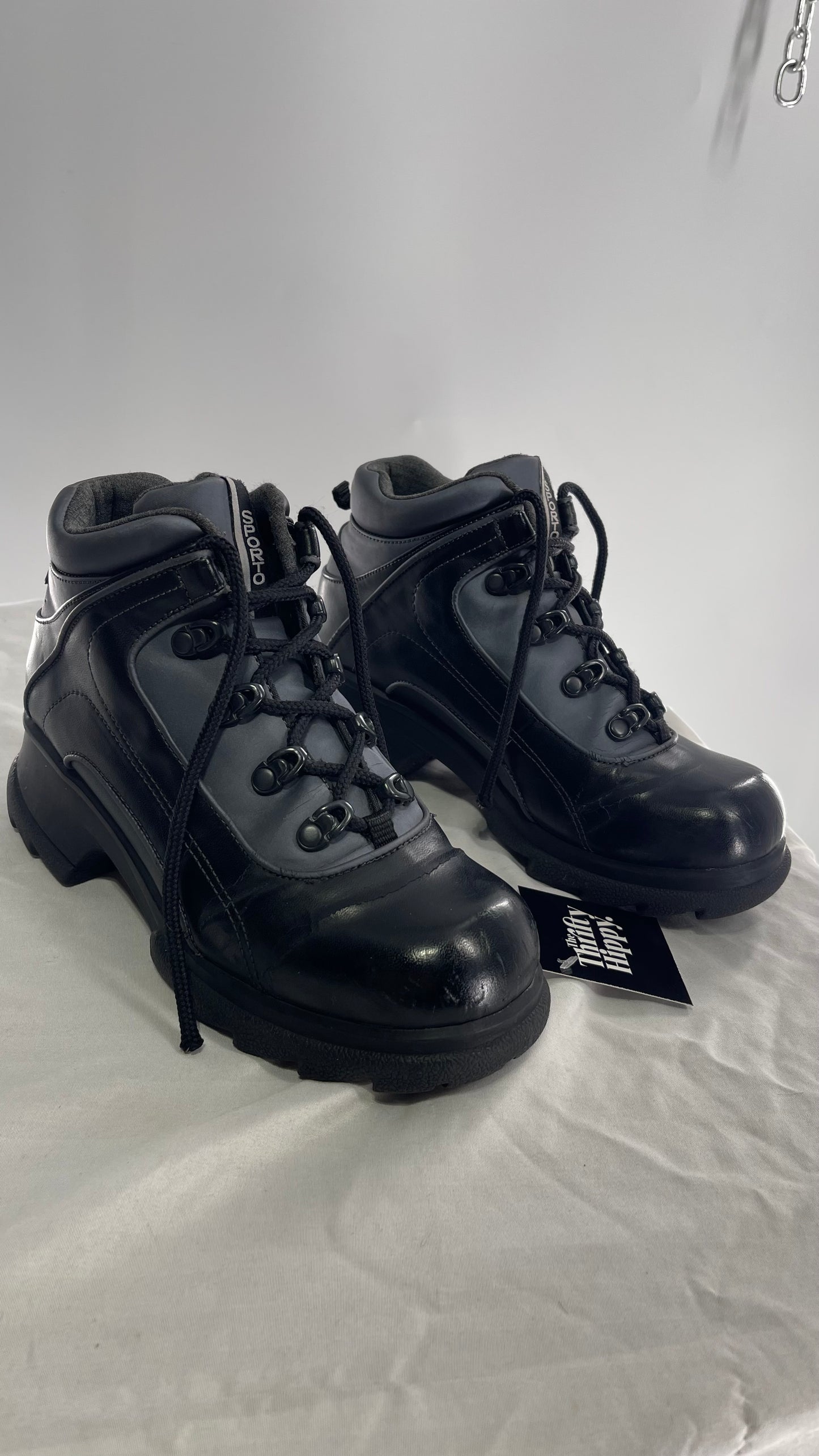 1990s Vintage SPORTO Metallic Blue and Black Round Toe Platform Sneaker Boot (9)