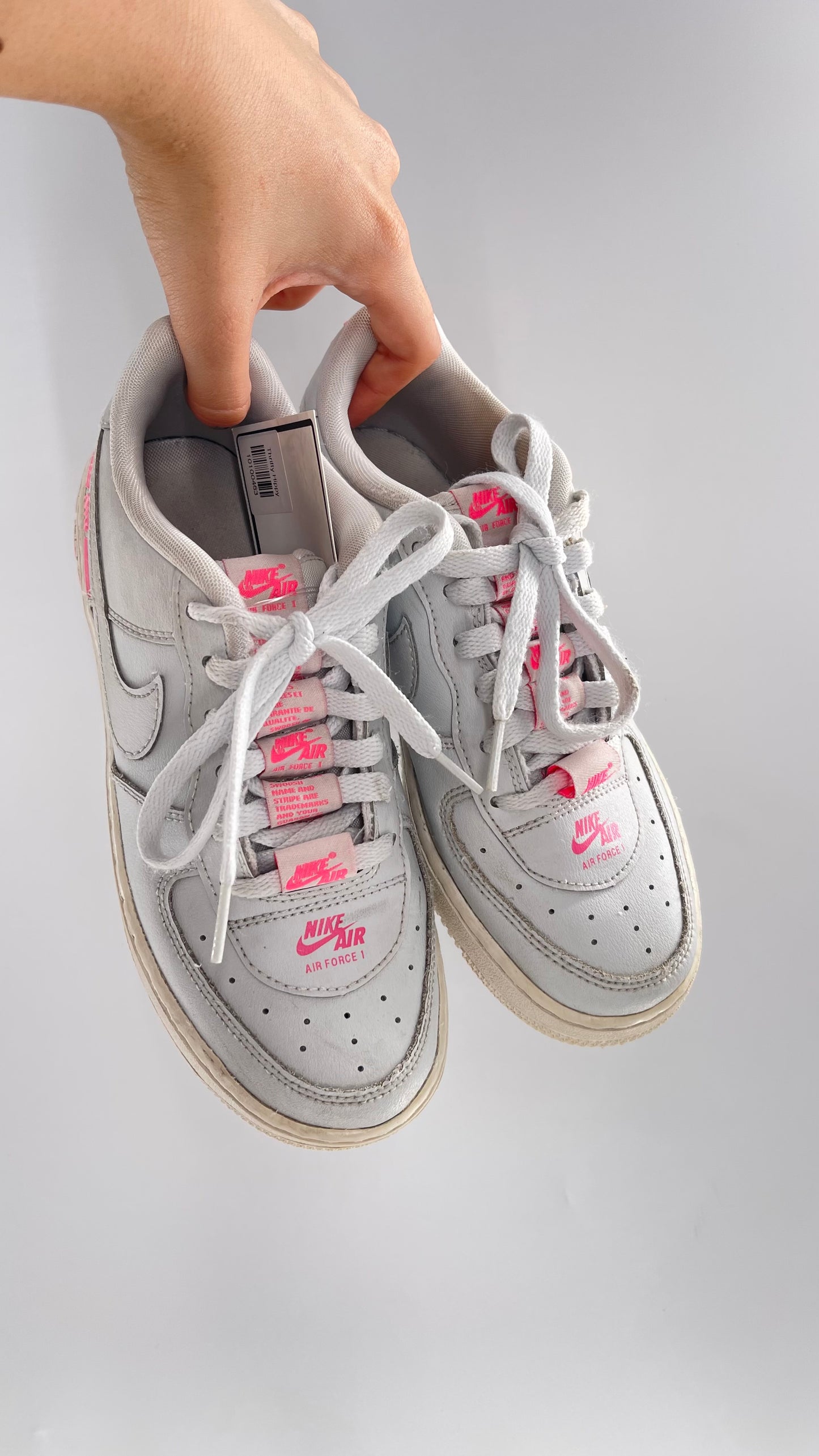 Custom Nikes Worn White with Tags on Laces and Neon Pink Details (4Y)