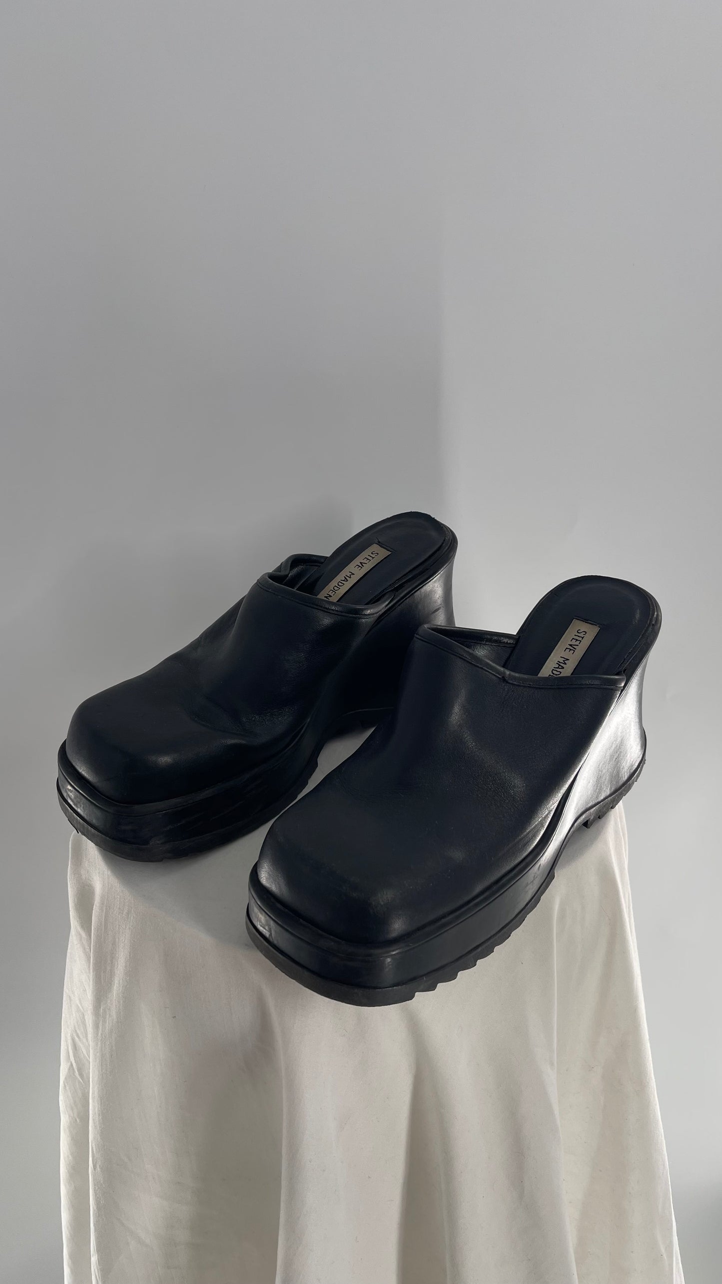 STEVE MADDEN Rare Black Leather Chunky Platform Wedge Clog (10)