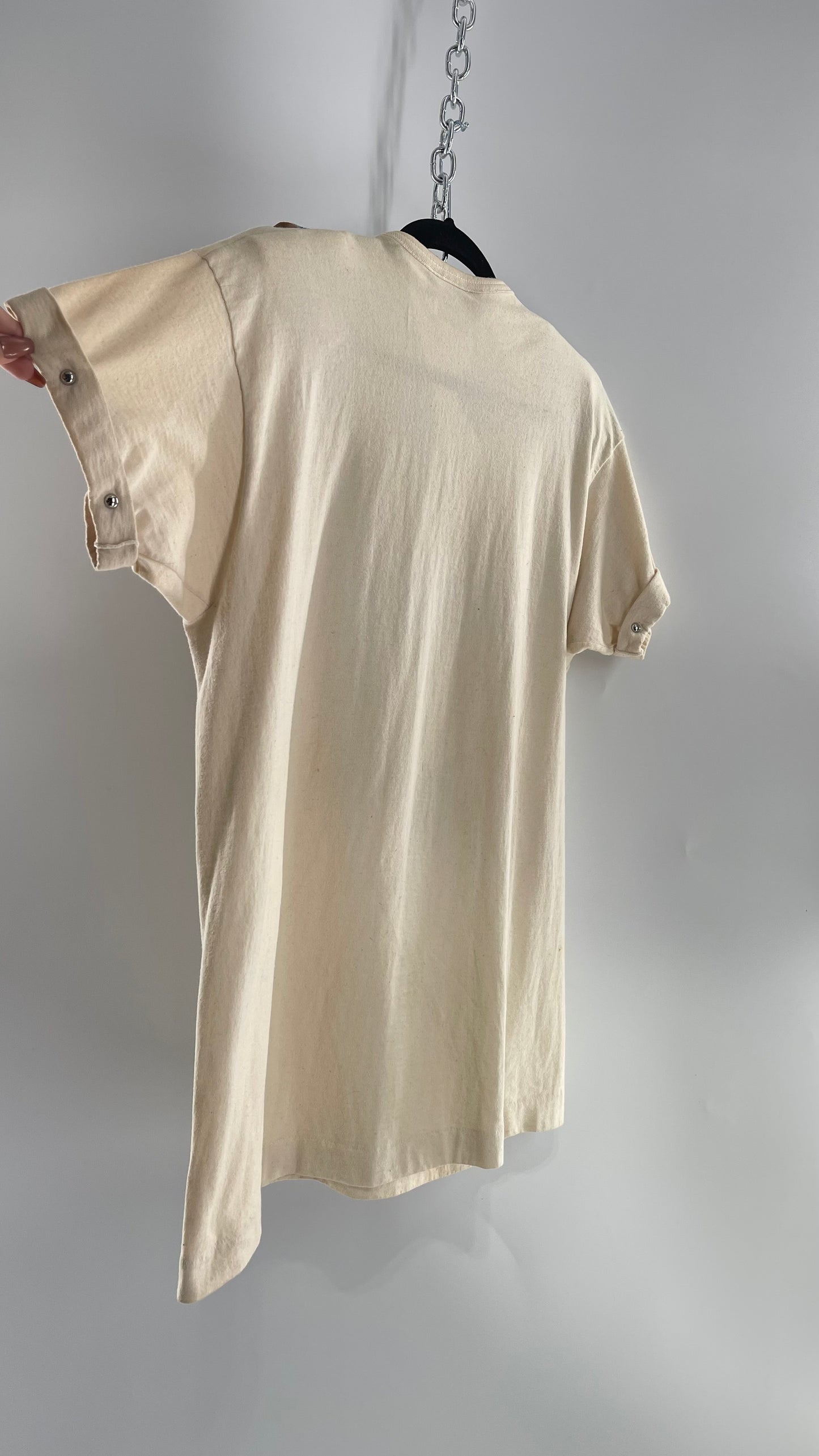 Vintage 1980s GEPETTO Off White Rodeo Western T Shirt with Denim Lined V Neck, Faux Leather Fringe Detail, Embroidery, and Heavy Duty Studs