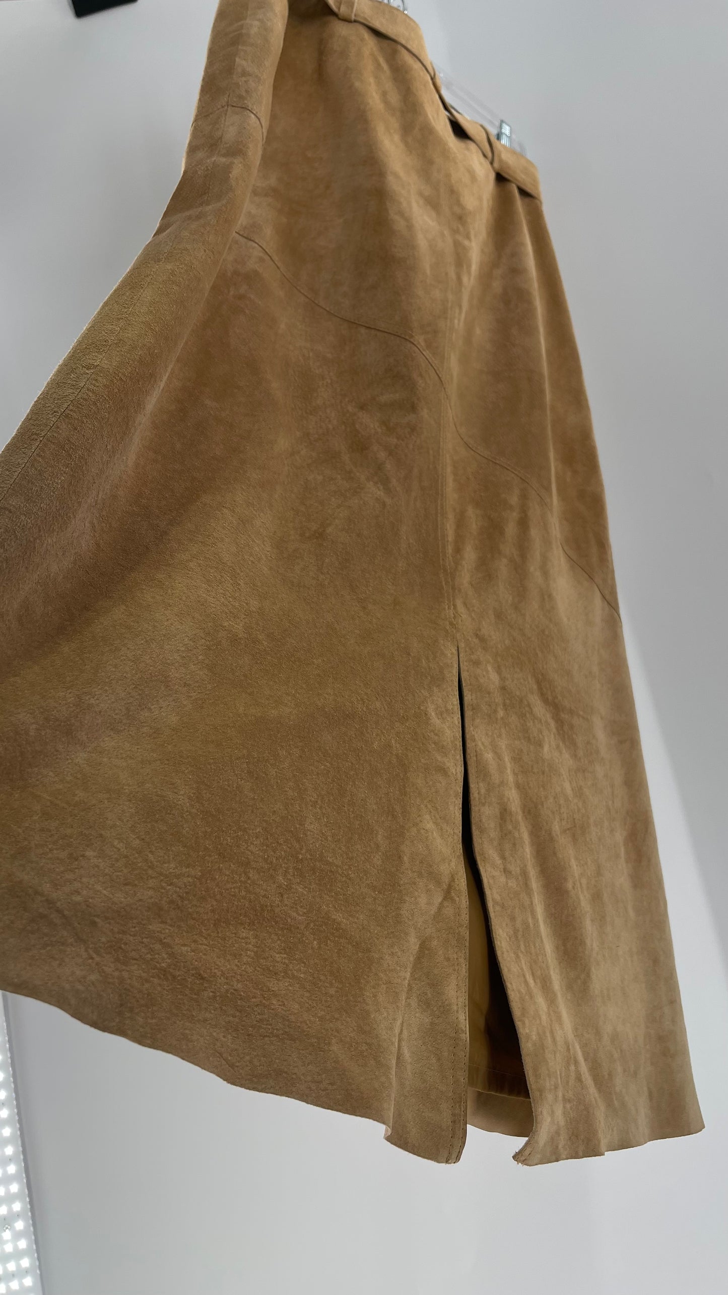 Vintage Margaret Godfrey Tan Suede Low Rise Full Length Skirt with Grommet Belt (14)