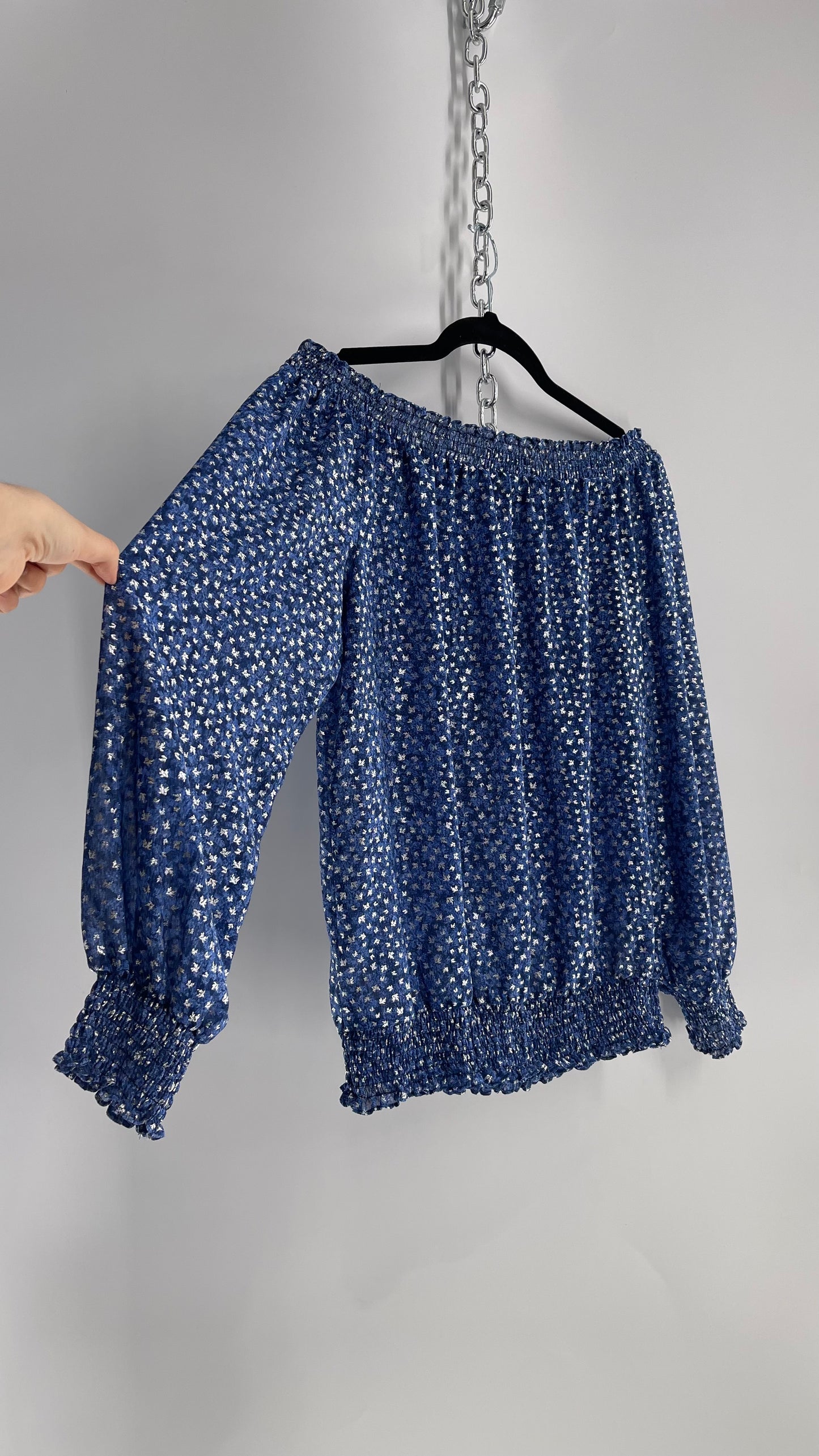 Michael Kors Blue and Silver Off the Shoulder Bubble Sleeve Smocked Blouse (Medium)