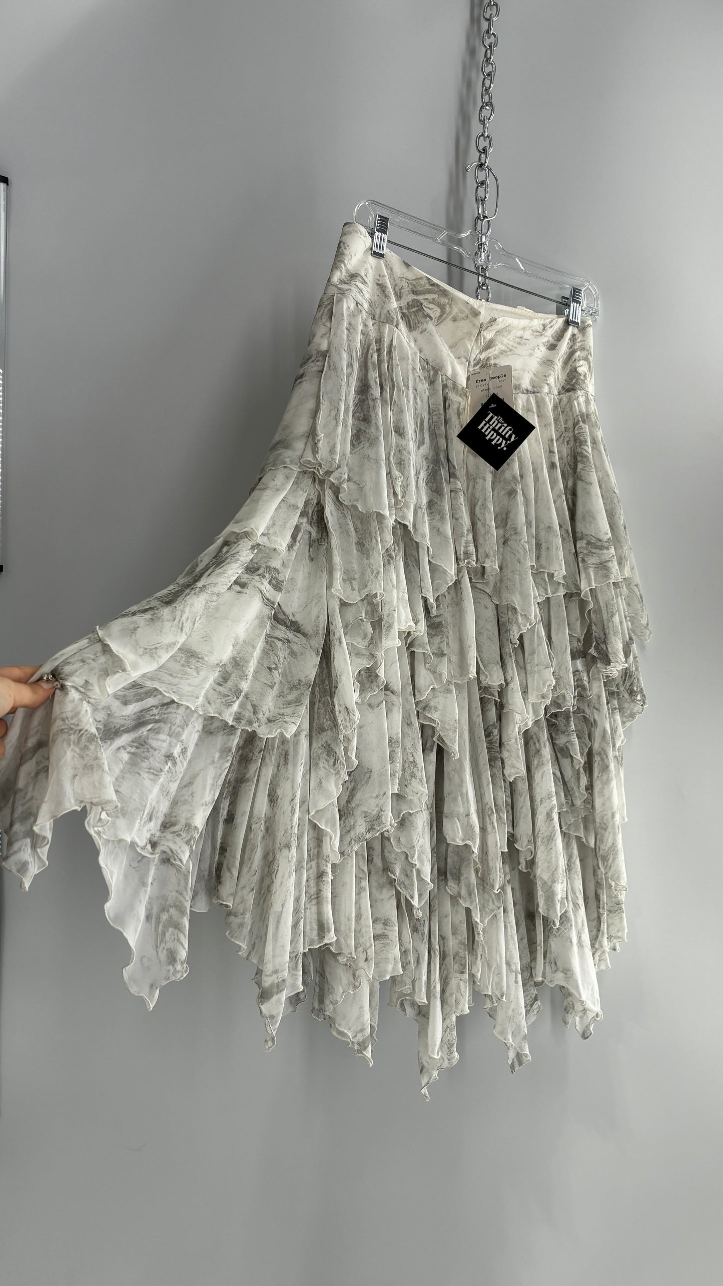Free People Layered, Tiered Voluminous White and Grey Watercolor Full Skirt with Tags Attached (4)