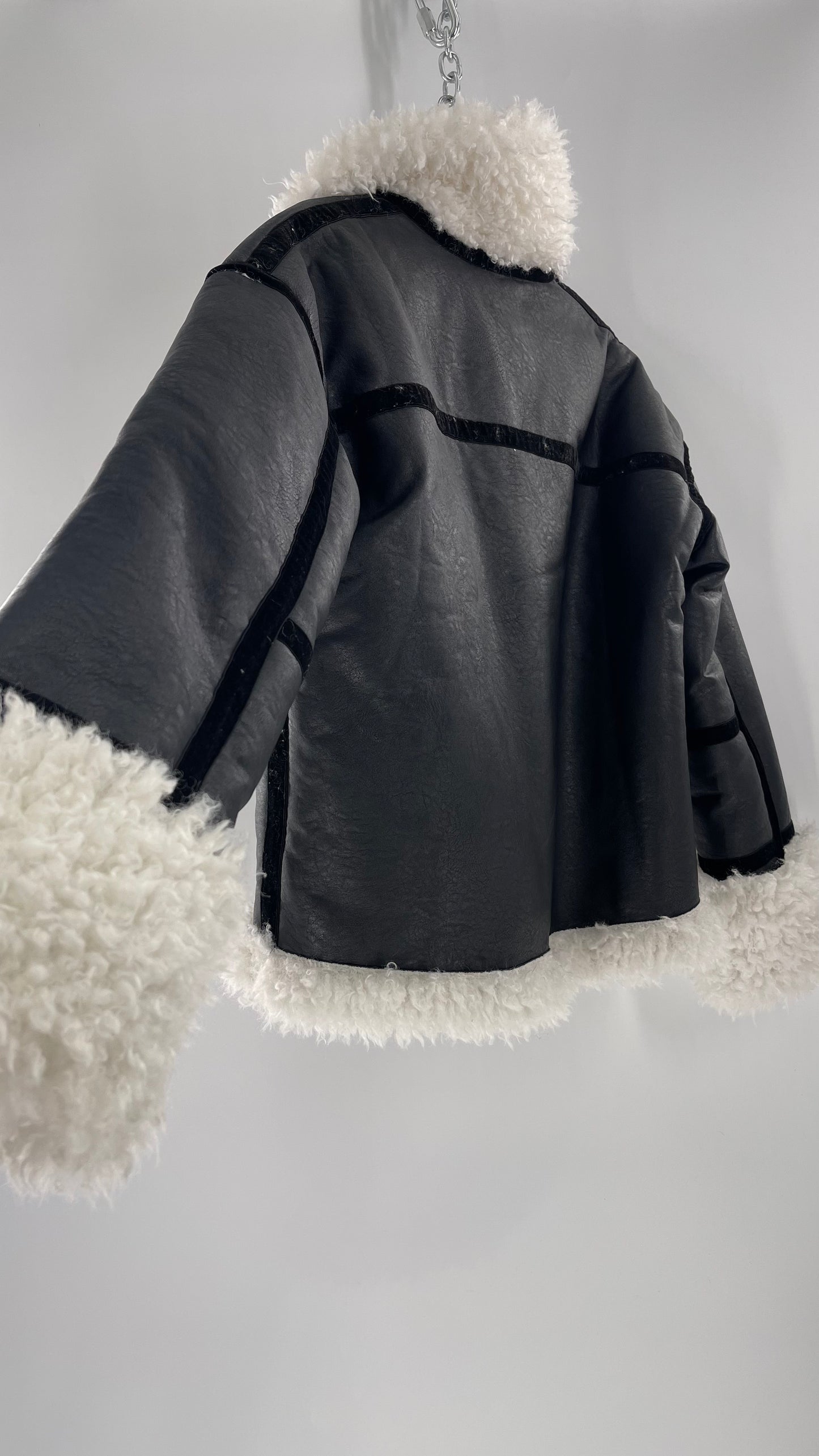 LIONESS Phoenix Jacket Black Faux Leather White Fur Trim (Large)