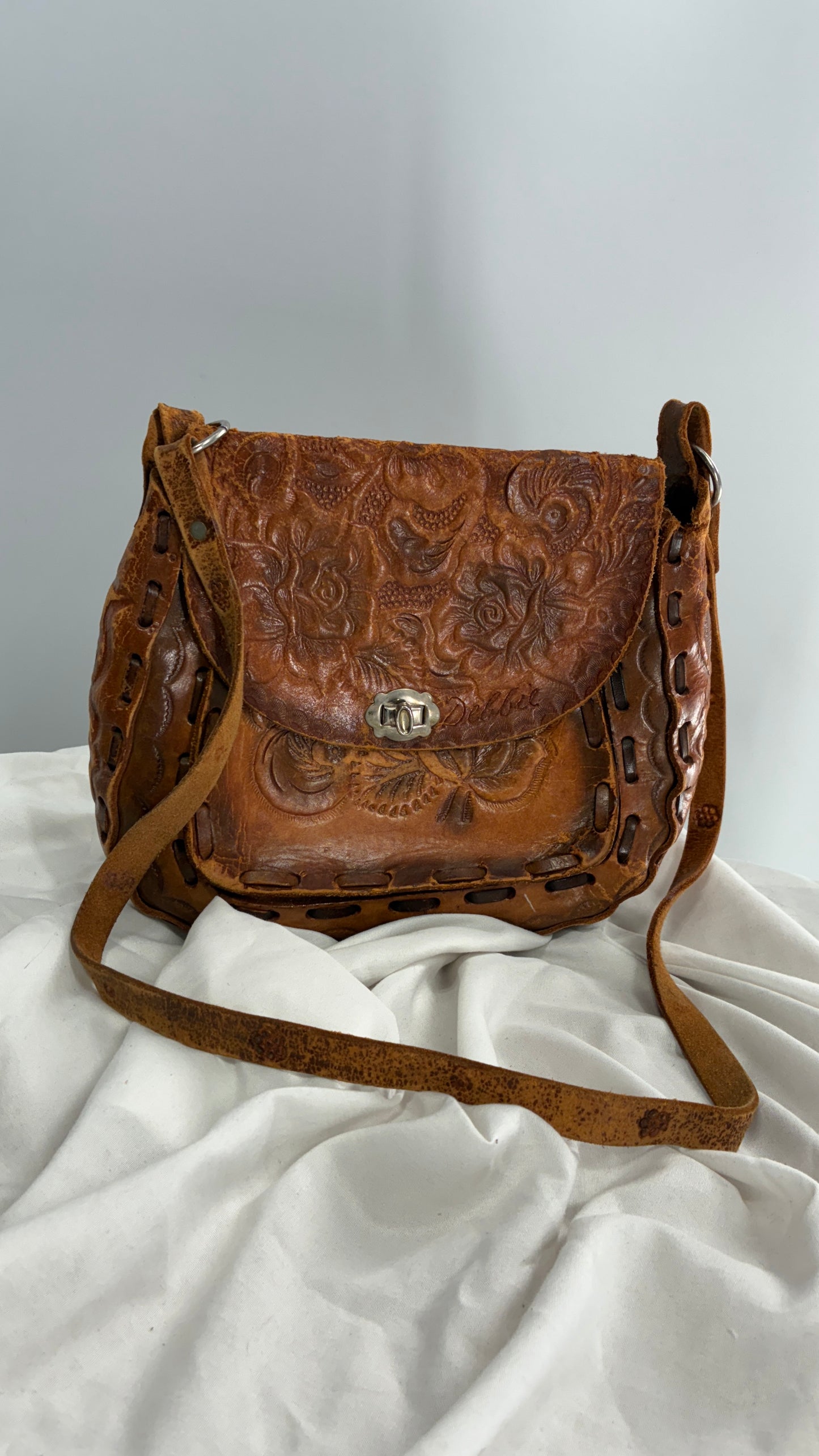 Vintage Made in Mexico Rose Embossed Leather Satchel Bag with Debbie Signature