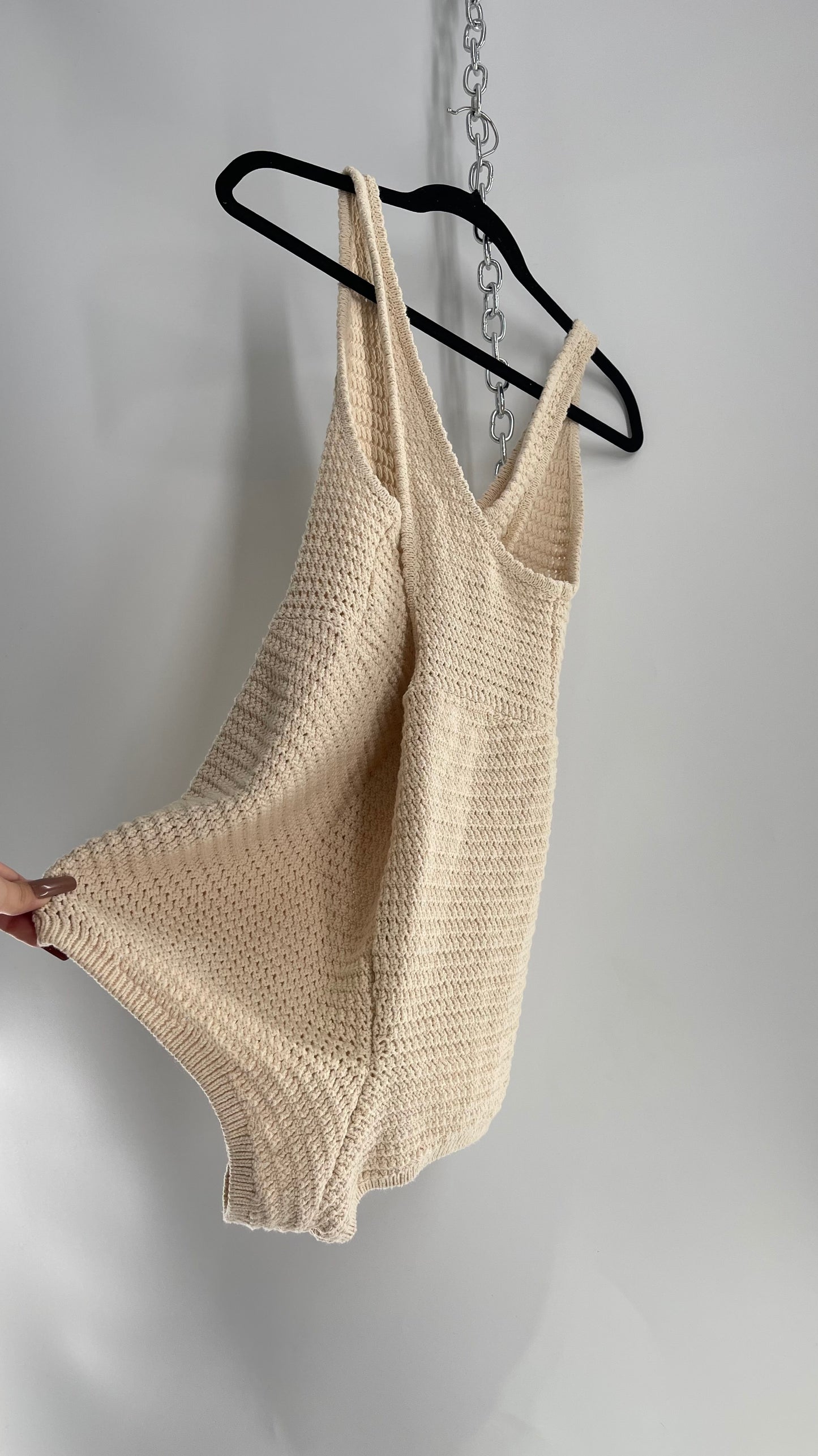 Free People Beige Crochet Thick Knit Beige Jumpsuit Romper (XS)