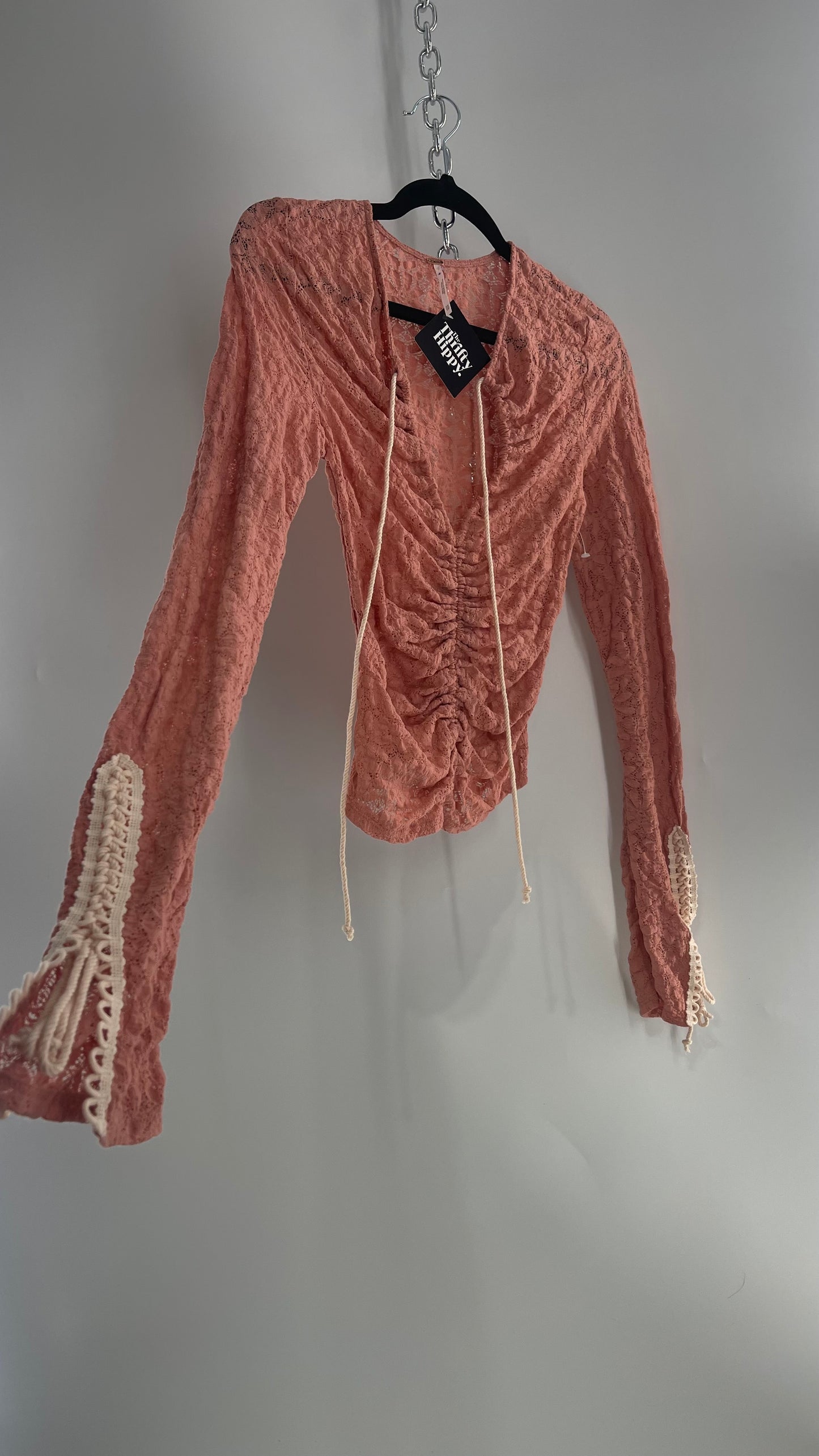Free People Pink Lace Long Sleeve with Beige Lace Up Sleeve Detail (XS)