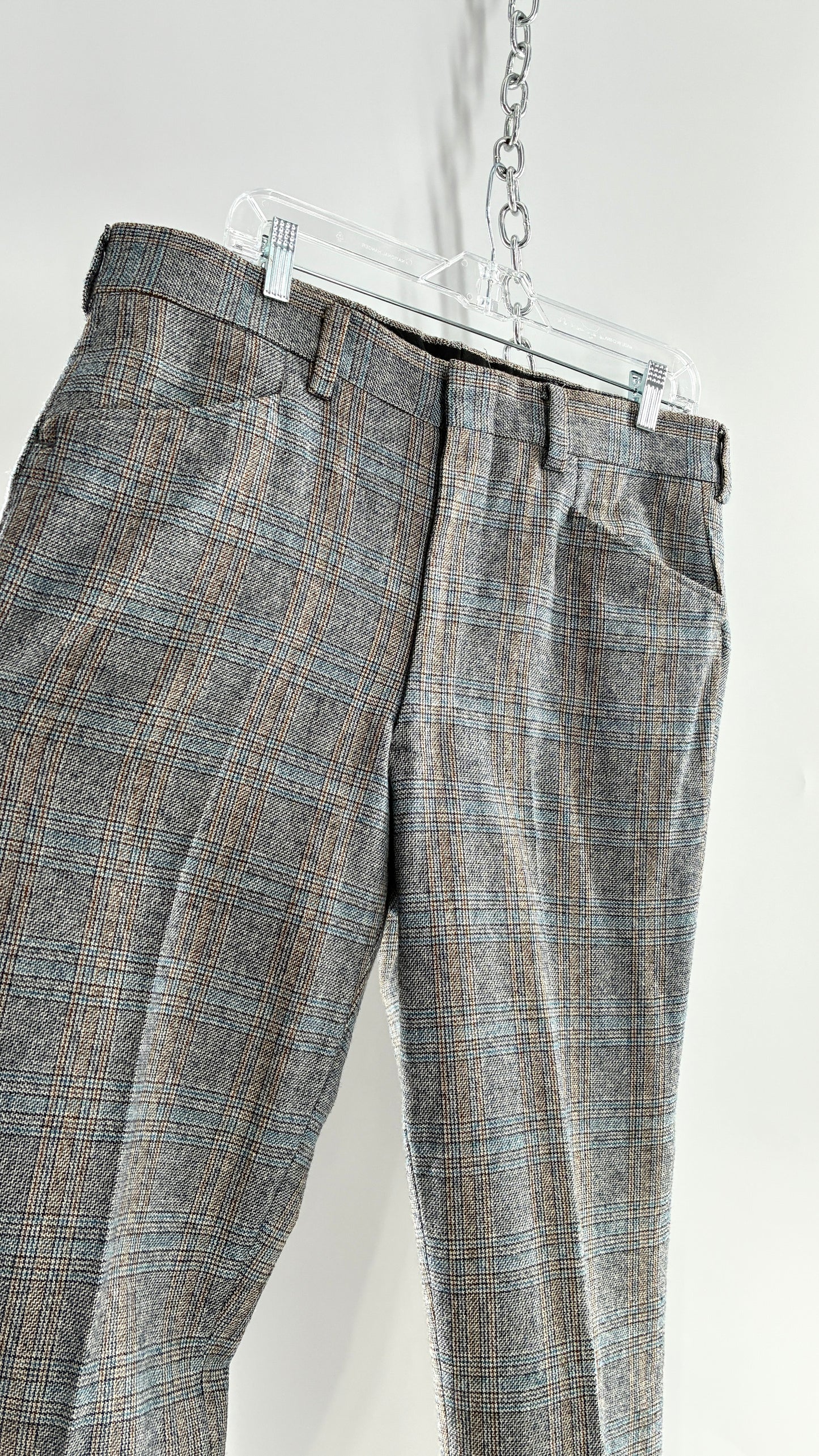 Vintage Handmade Wool Blend Woven Men’s Tailored Trousers with Grey Blue Plaid Pattern (35x32)