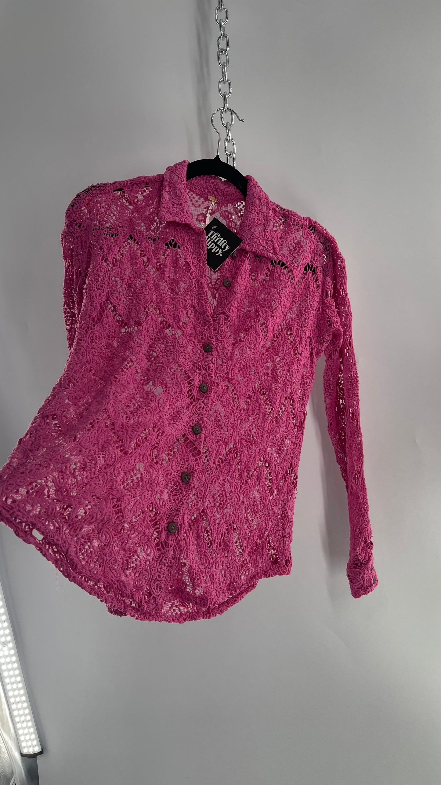 Free People Until Sunday Fuchsia Purple/ Pink Thick Lace Button Front Blouse with Coconut Buttons (XS)