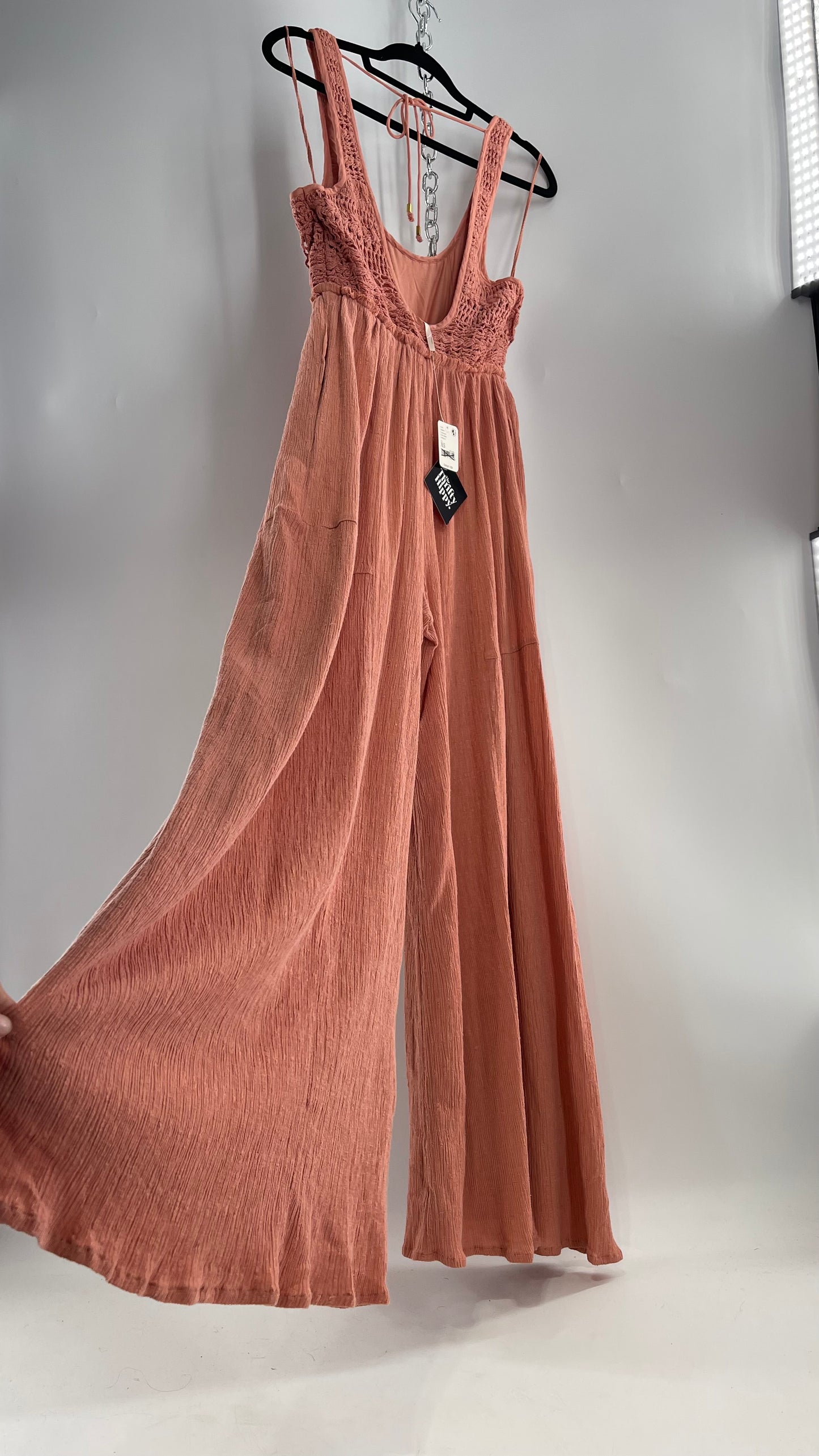 Free People Rose/Peach Pink Wide Leg Jumpsuit with Crochet Bust and Tags Attached (XS)