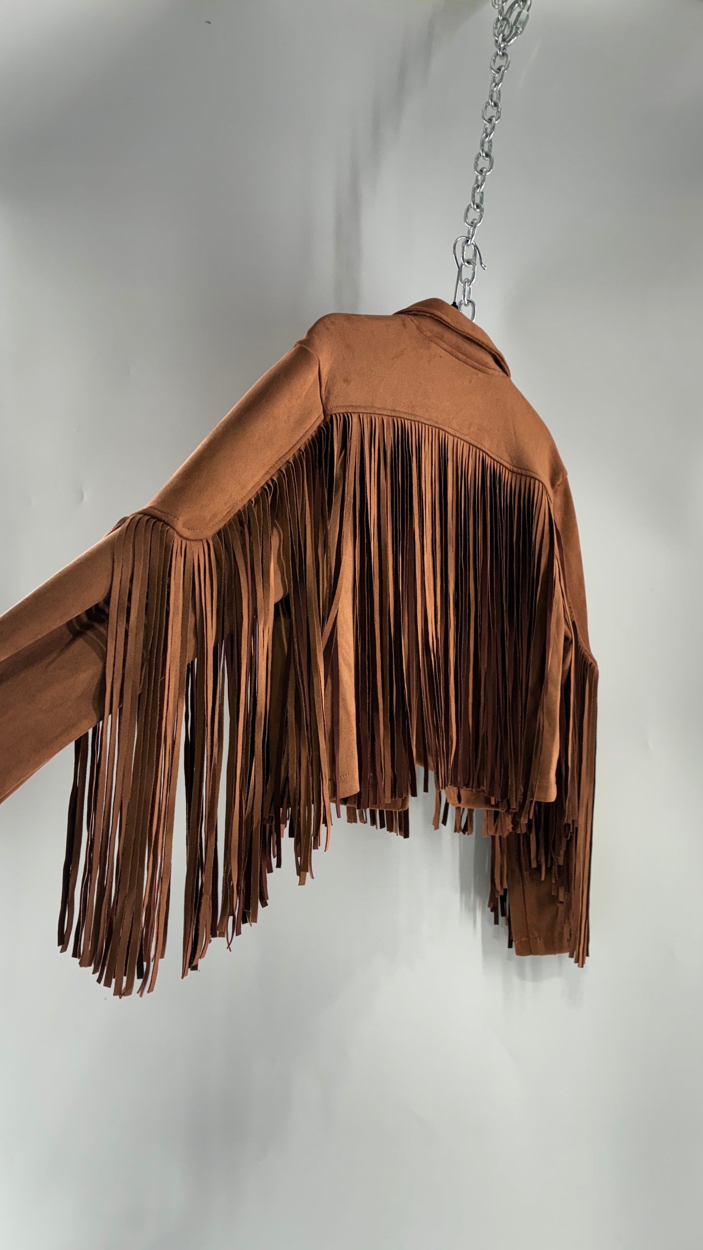 SINCERELY JULES Brown Vegan Suede Cropped Fringe Jacket (Medium)