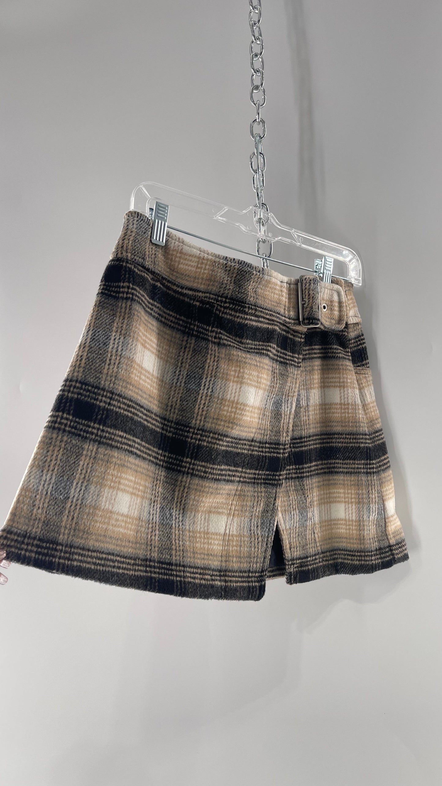 Free People Plaid Beige Gray Soft Mini Skirt with Side Slit and Built in Grommet Belt (10)
