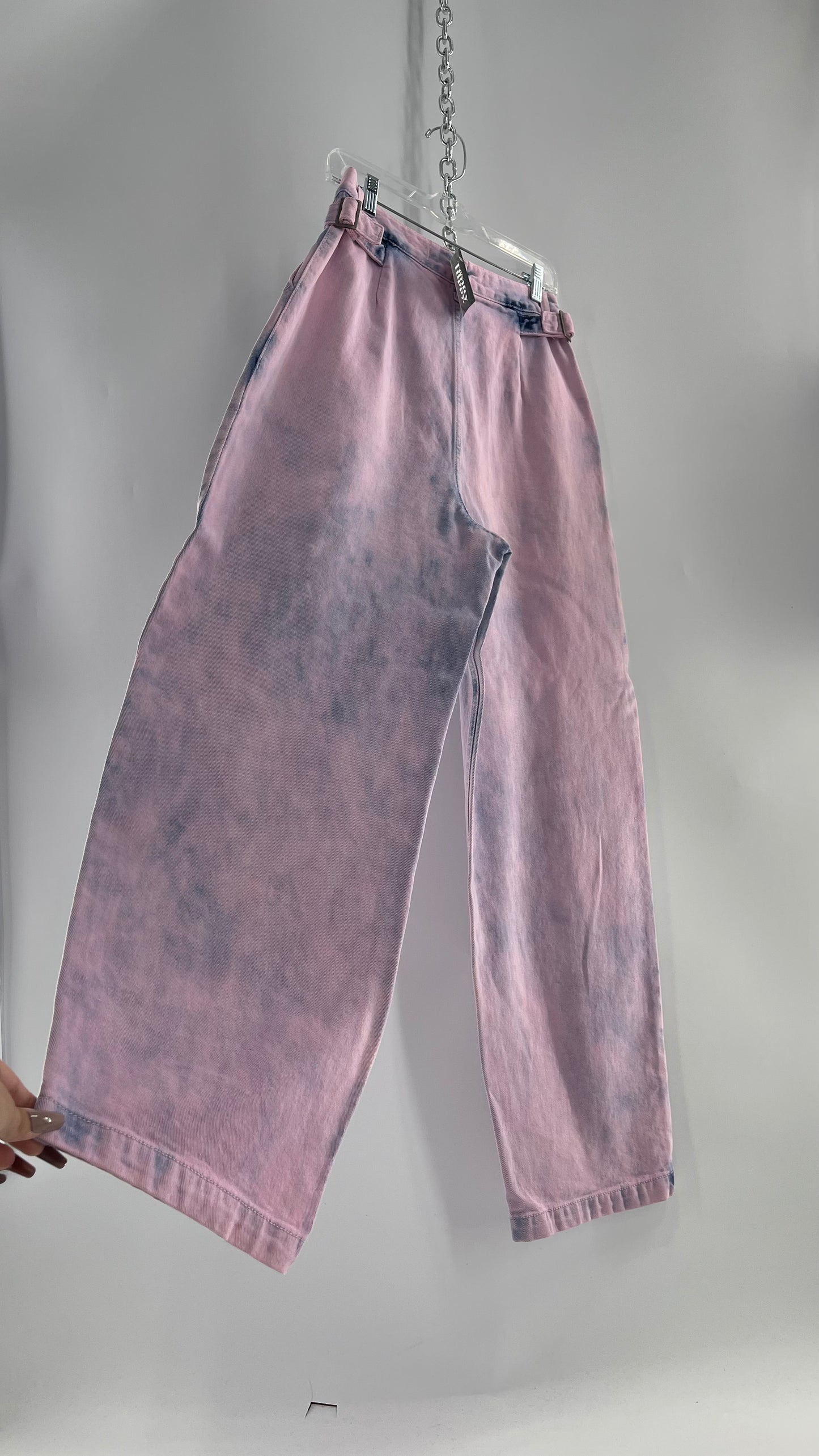The Open Product Pink/Blue Acid Wash Jeans with Waist Pulls and Pleats (1)