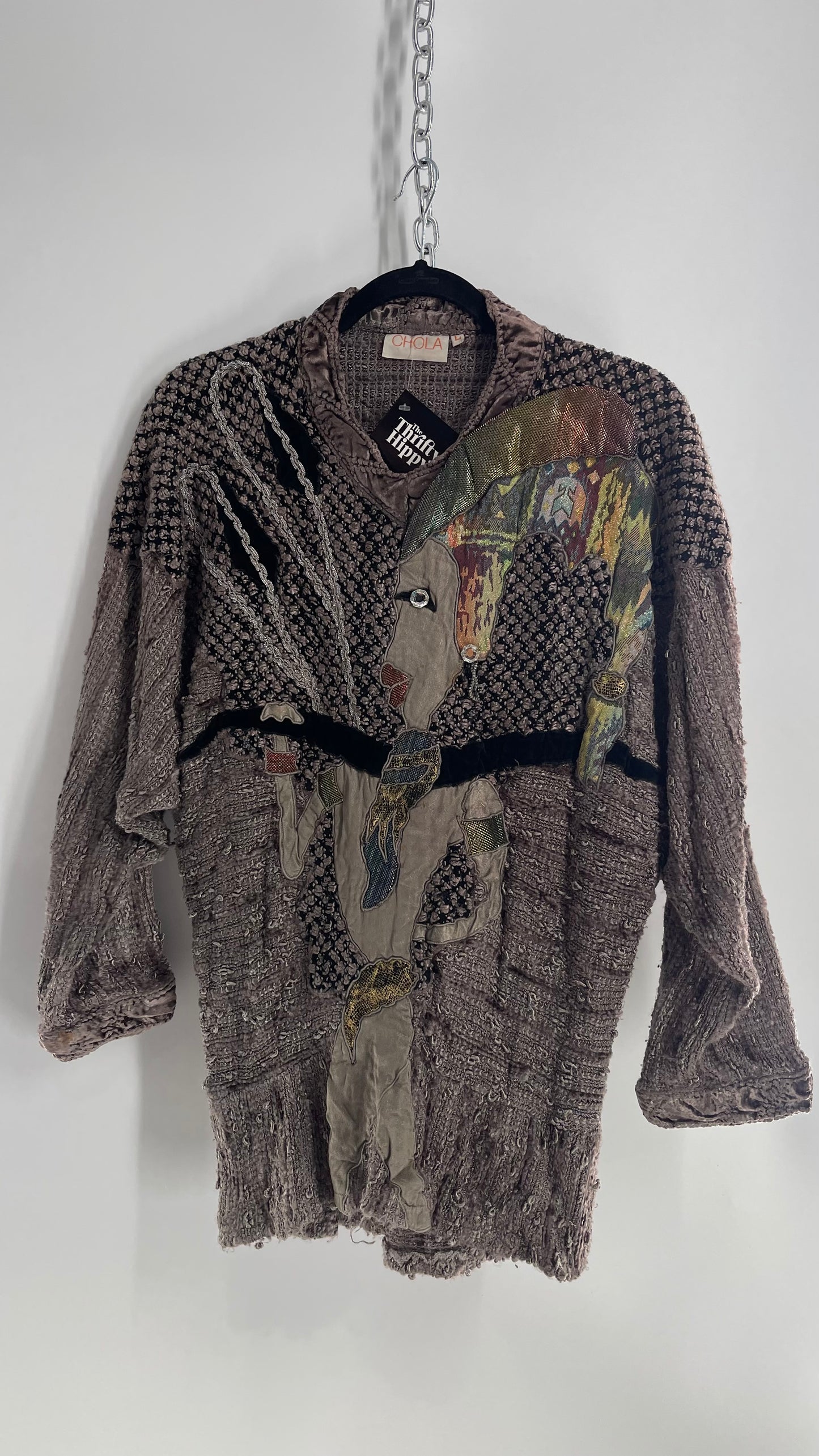 Vintage CHOLA Grey 1980s Patchwork Sweater (Large)