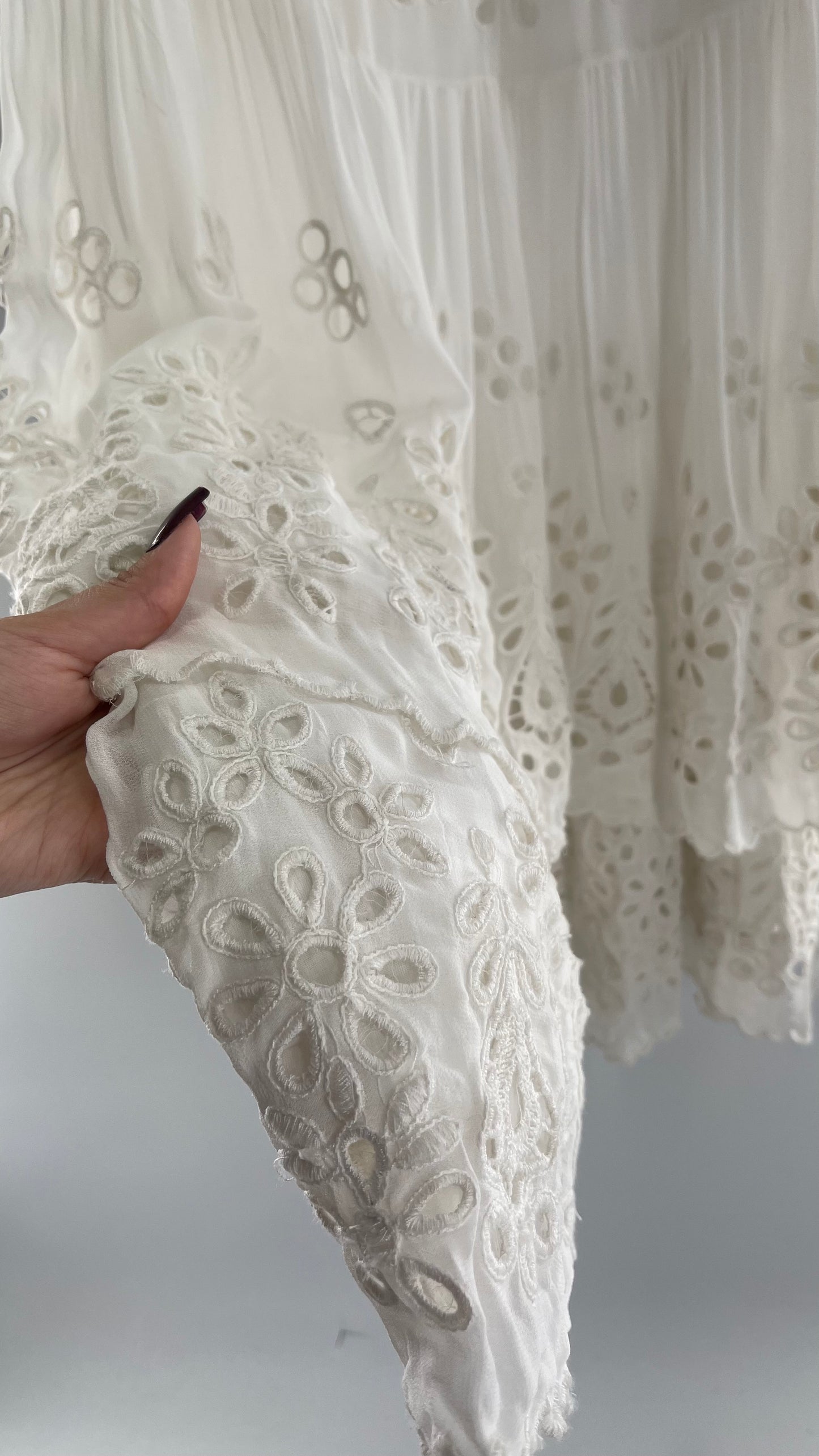 Free People White Embroidered Eyelet/Lace Voluminous Tiered Ruffle Full Length Skirt (4)