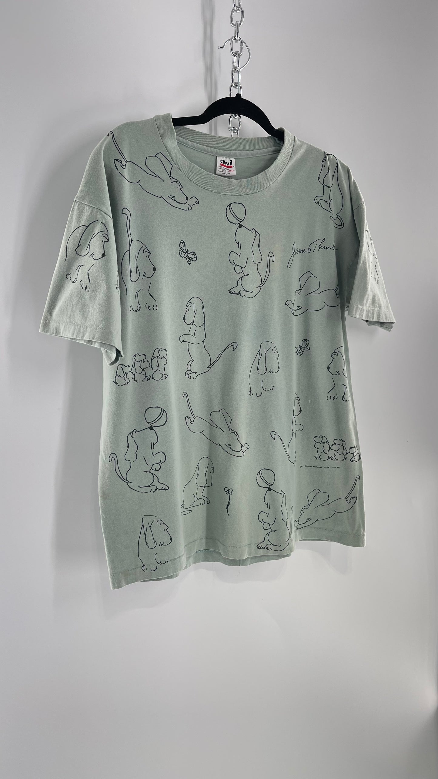 Vintage James Thurber Light Sage Nostalgic Puppy Doodle Comic Sketch T Shirt (XL)