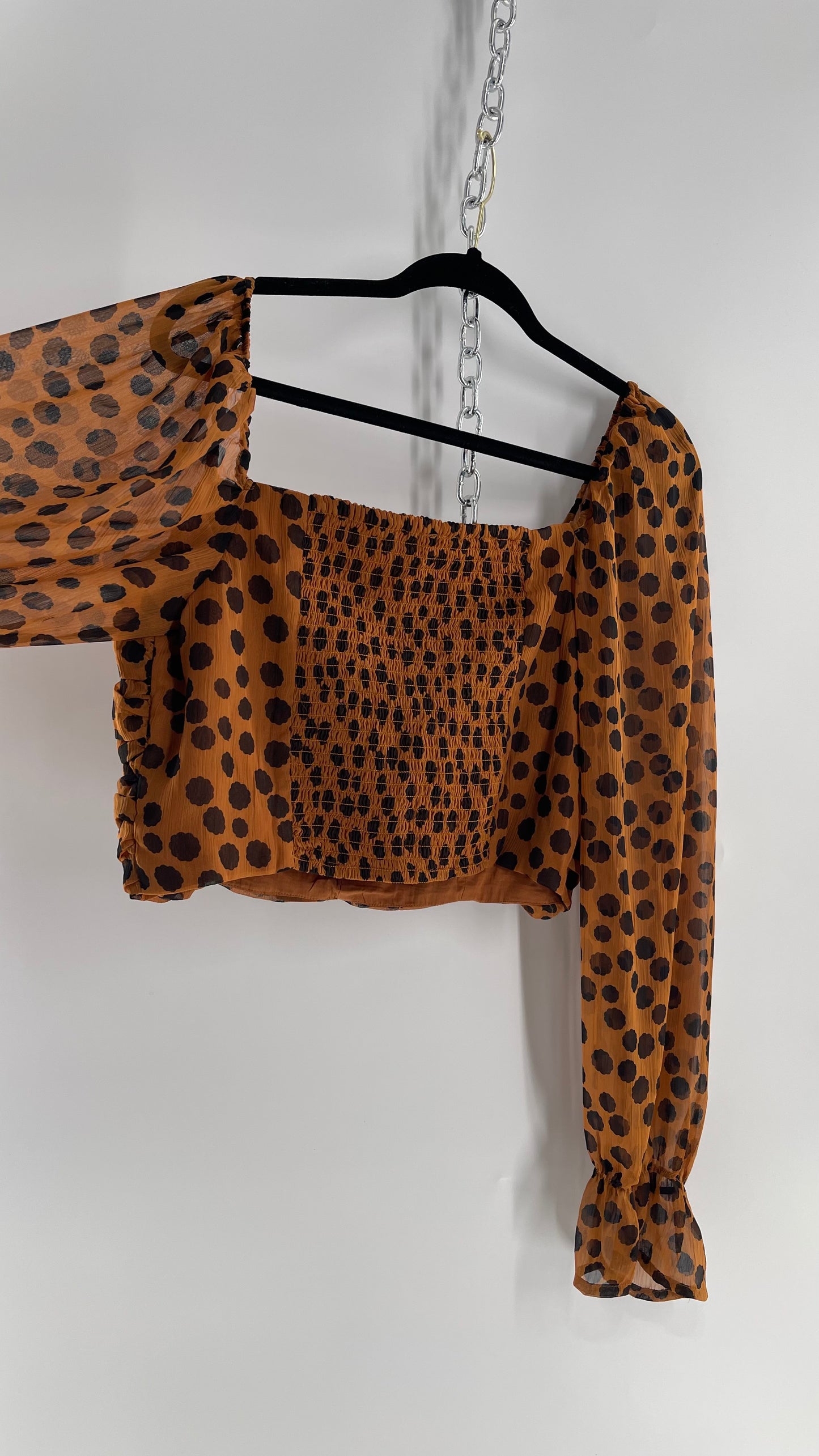 Free People Brown Black Animal Print Blouse with Ruched Bodice and Tags Attached (Large)